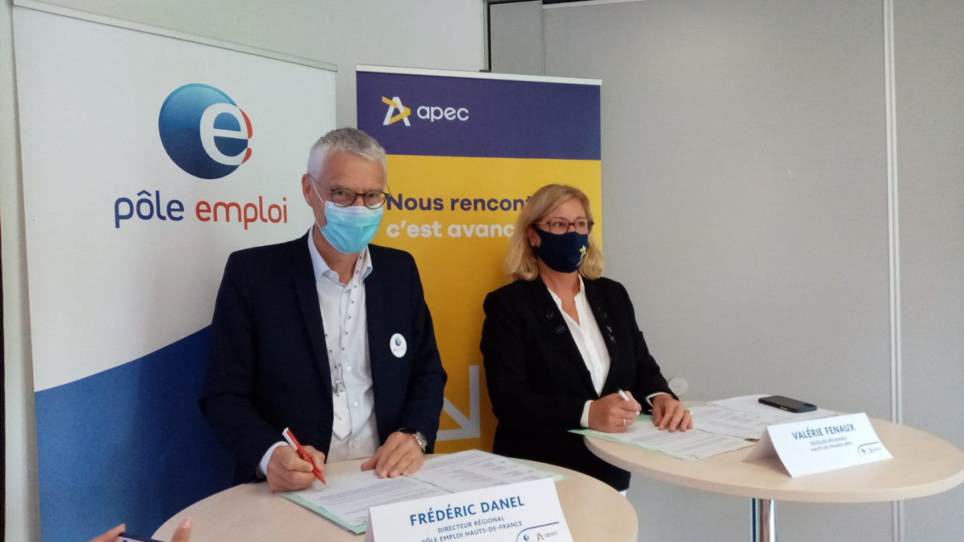 Frédéric Danel, directeur régional de Pôle emploi Hauts-de-France, et Valérie Fenaux, déléguée régionale Apec Hauts-de-France.