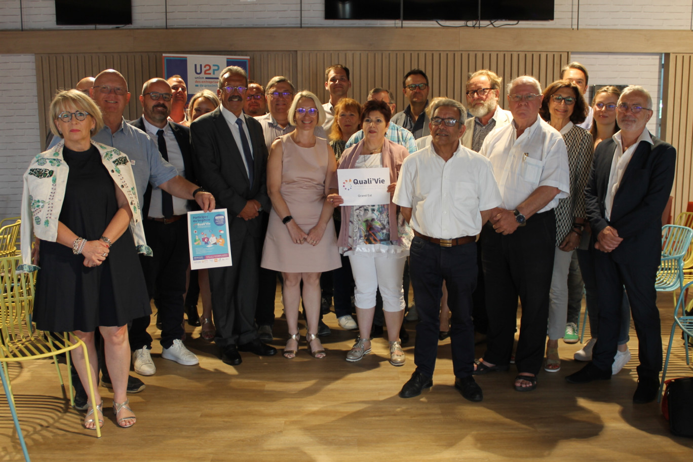 Le lancement de l'édition 2022 du Trophée Quali'Vie, en présence de Philippe Messer, président de l'U2P Grand Est, Nathalie Vignier, directrice régionale de Harmonie Mutuelle, des partenaires du Trophée et des représentants départementaux de l'U2P. © : Max Ragazzi.