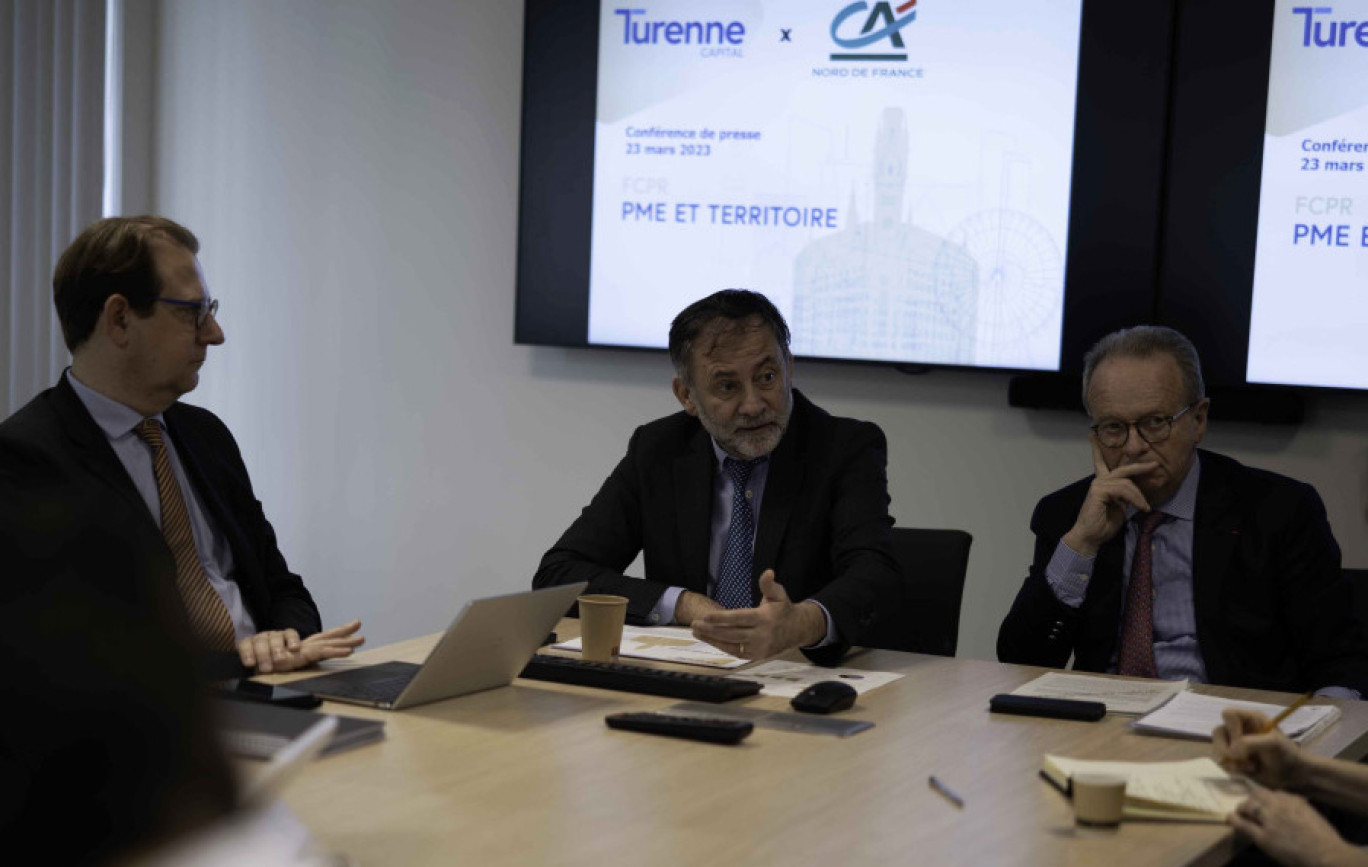 Christophe Deldycke, président de Turenne Capital, Laurent Martin et Bernard Pacory, directeur général et président de la caisse régionale du Crédit Agricole, lors de la présentation du FCPR PME et Territoire. © Emmanuel Delbergue