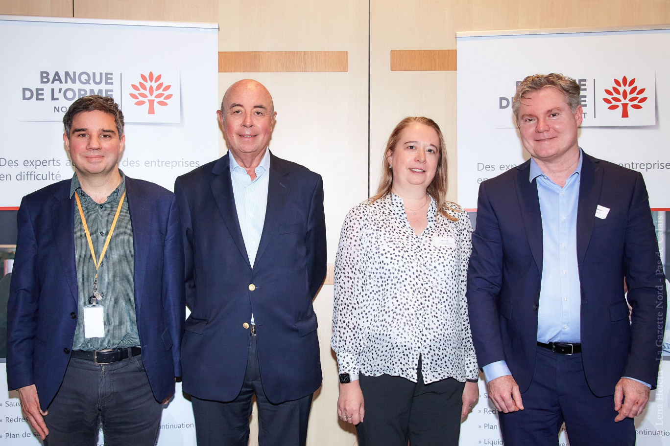 Yann Orpin, président du Medef Lille Métropole, Eric Feldmann, président du Tribunal de Commerce de Lille Métropole, Sabine Jean, directrice Banque de l'Orme Nord Ouest/Caisse d'Epargne Hauts de France et Olivier Candeliez, Caisse d'Epargne Hauts de France. © Lena Heleta