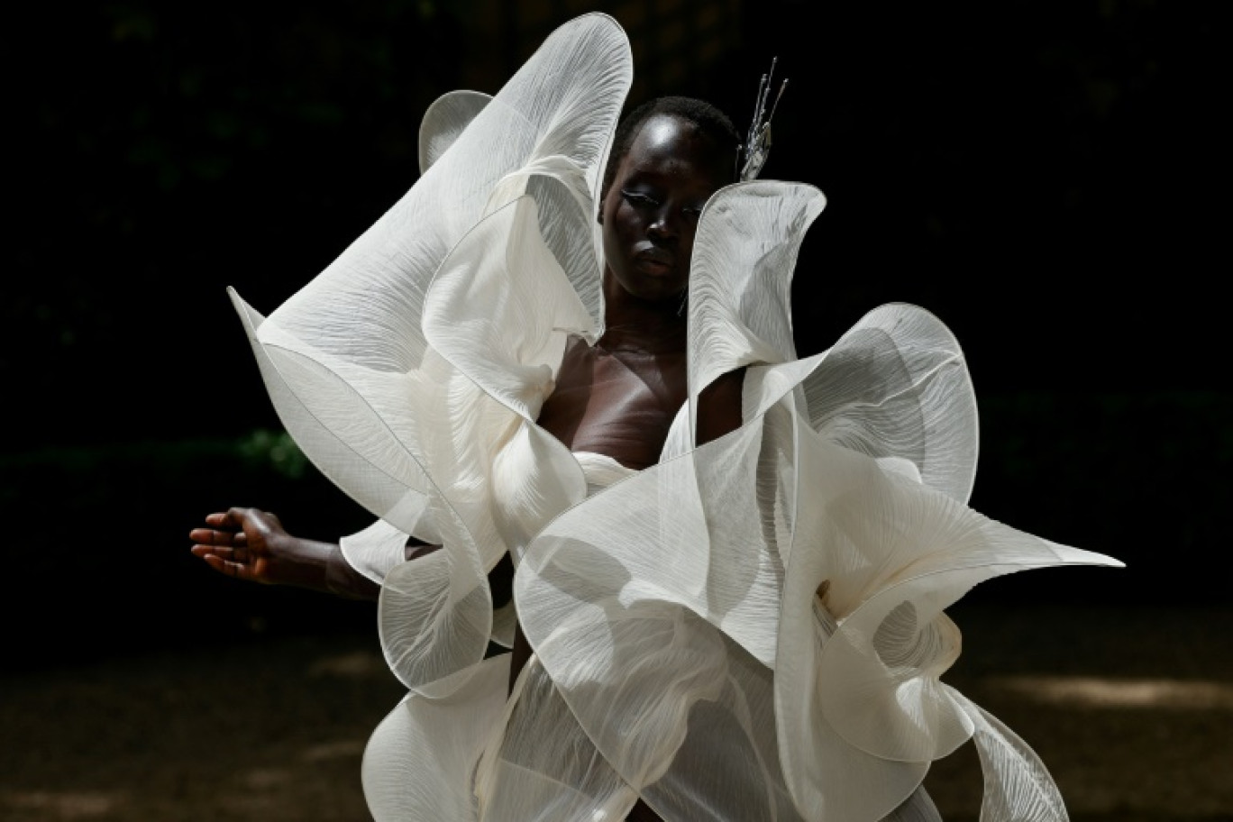 Une tenue de la créatrice Iris Van Herpen lors du défilé haute couture automne-hiver 2023/2024 à Paris le 3 juillet 2023 © Geoffroy VAN DER HASSELT