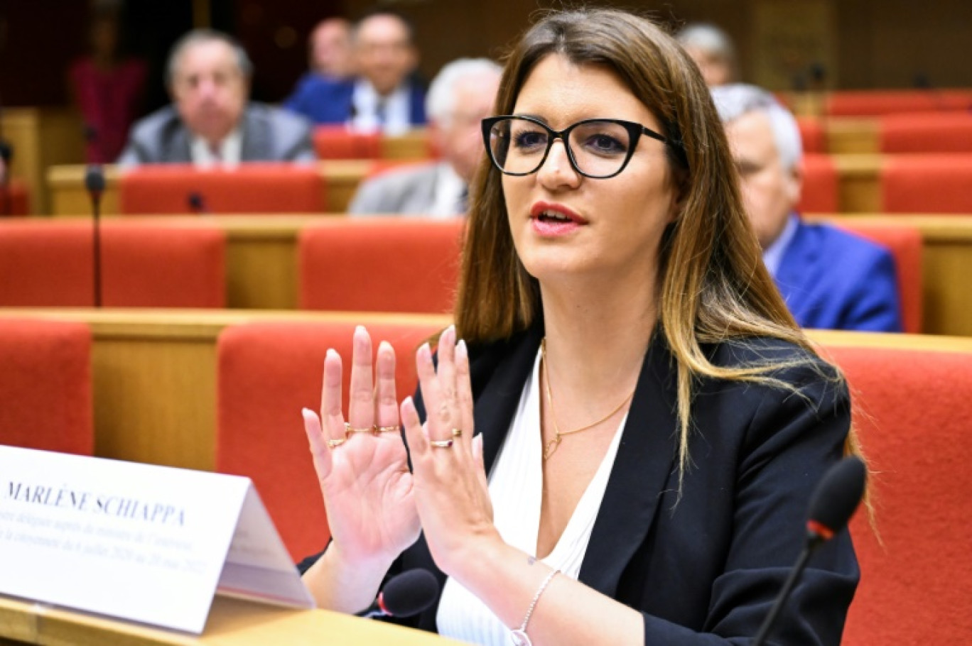 La secrétaire d'Etat chargée de l'Economie sociale et de la Vie associative Marlène Schiappa le 14 juin 2023 lors de son audition au Sénat, à Paris © Bertrand GUAY