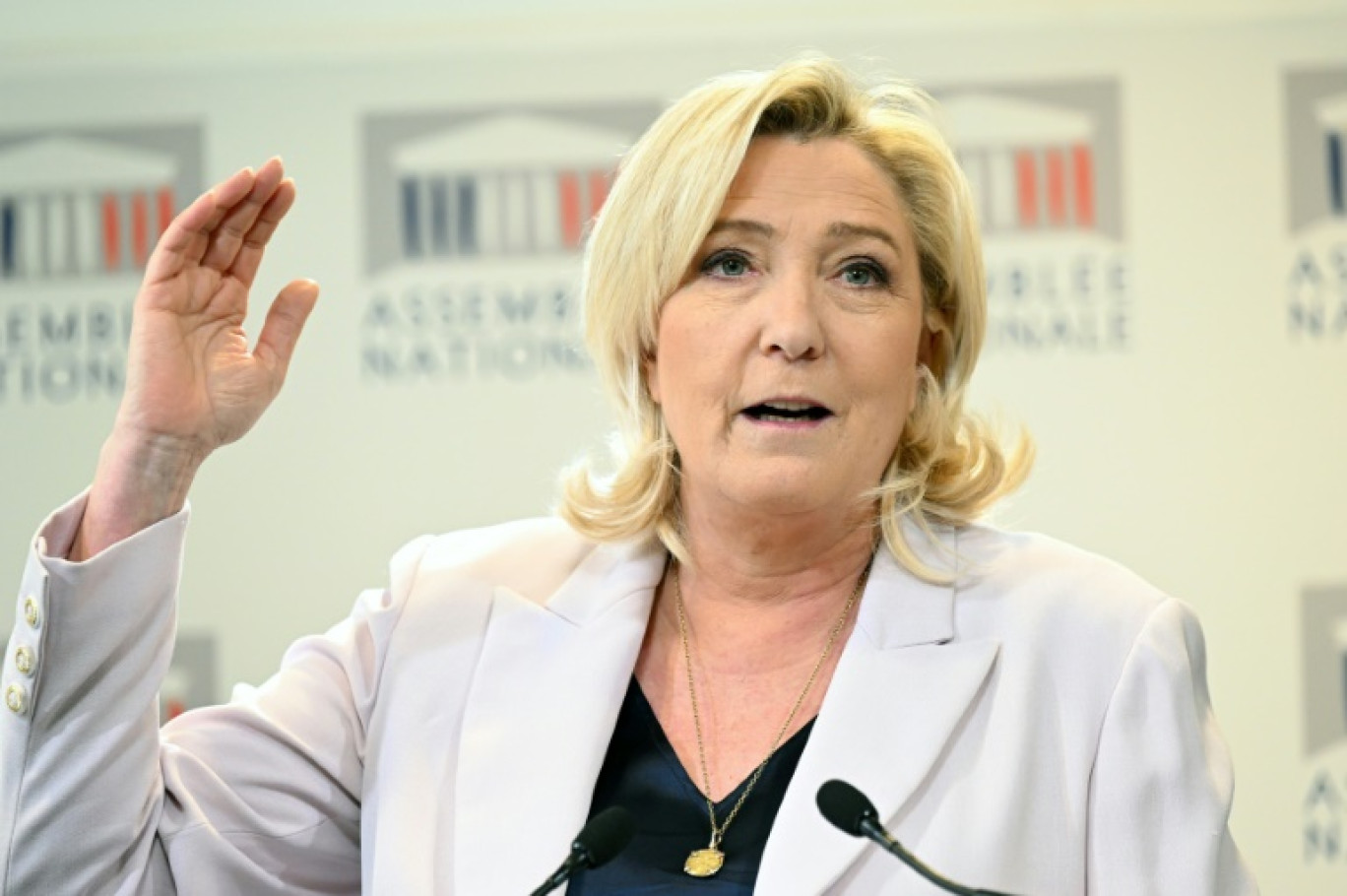 Marine Le Pen s'exprime lors d'une conférence de presse le 22 mars 2023 à Paris © bERTRAND GUAY