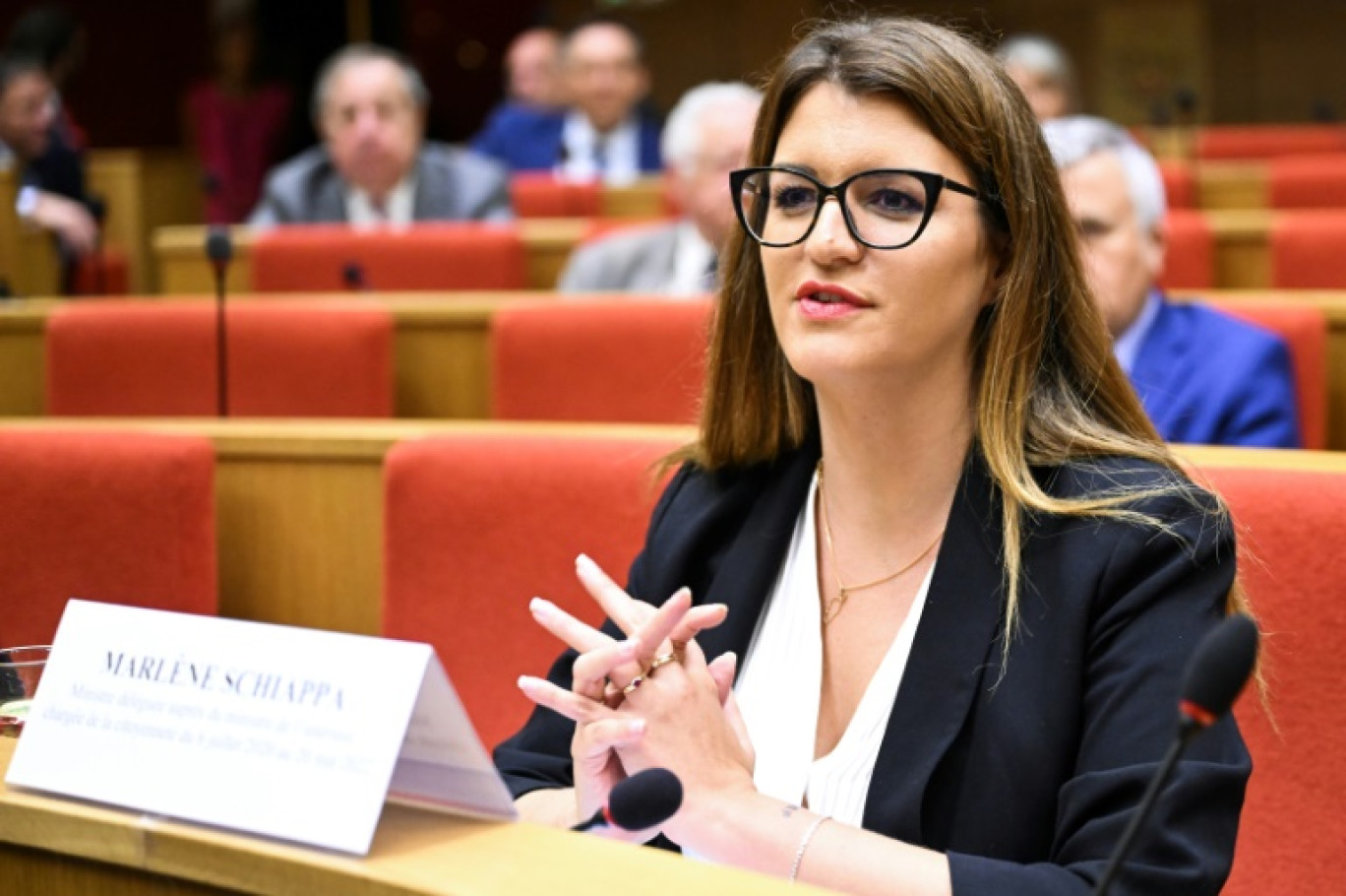 Marlène Schiappa devant la commission d'enquête du Sénat sur le Fonds Marianne, le 14 juin 2023 à Paris © Bertrand GUAY