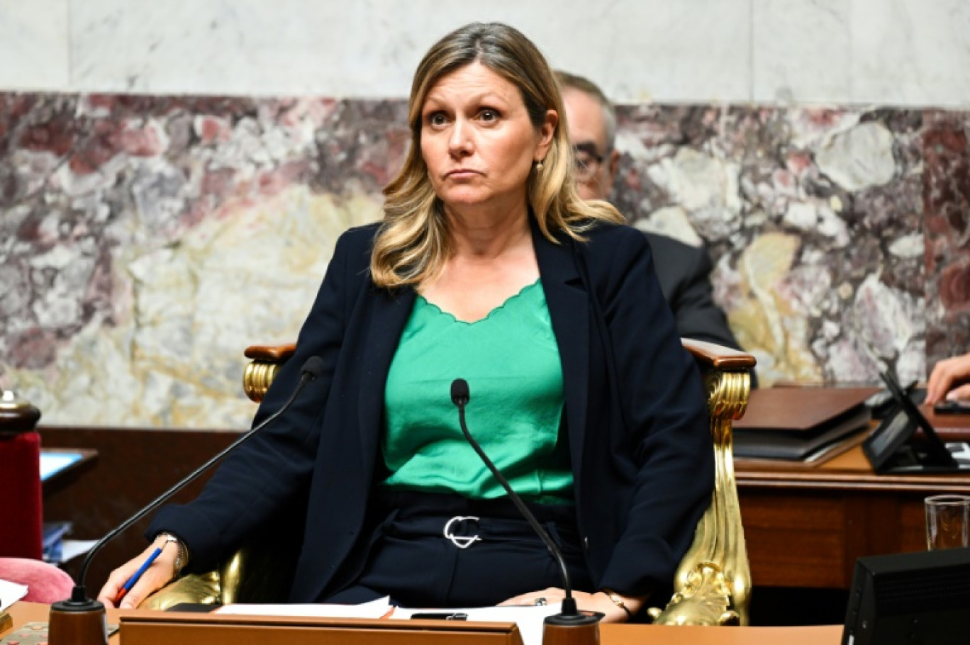 La présidente de l'Assemblée nationale, Yaël Braun-Pivet, au perchoir de l'hémicycle du Palais Bourbon, le 12 juin 2023 © Bertrand GUAY