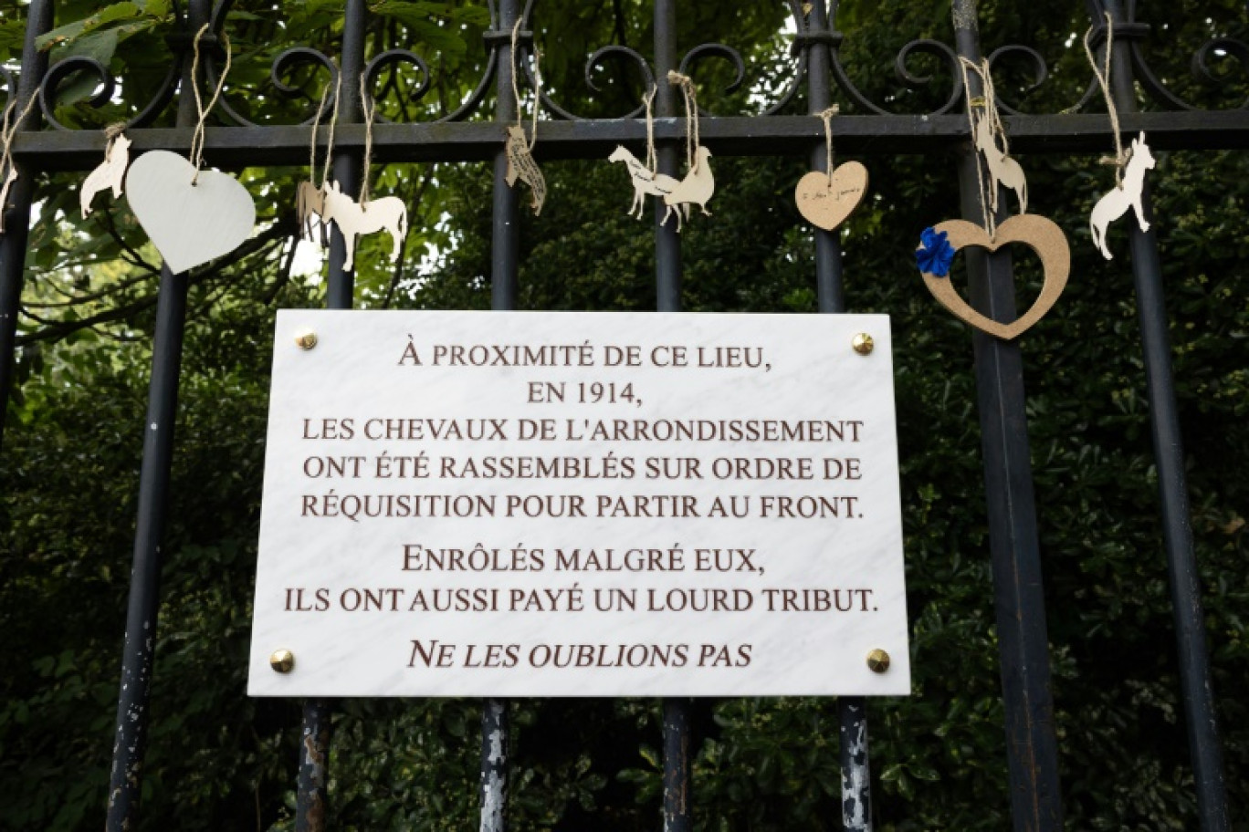 Une plaque commémorant les chevaux réquisitionnés pendant la Première Guerre mondiale dévoilée au parc des Buttes-Chaumont, le 11 juillet 2023 à Paris © Yann SCHREIBER