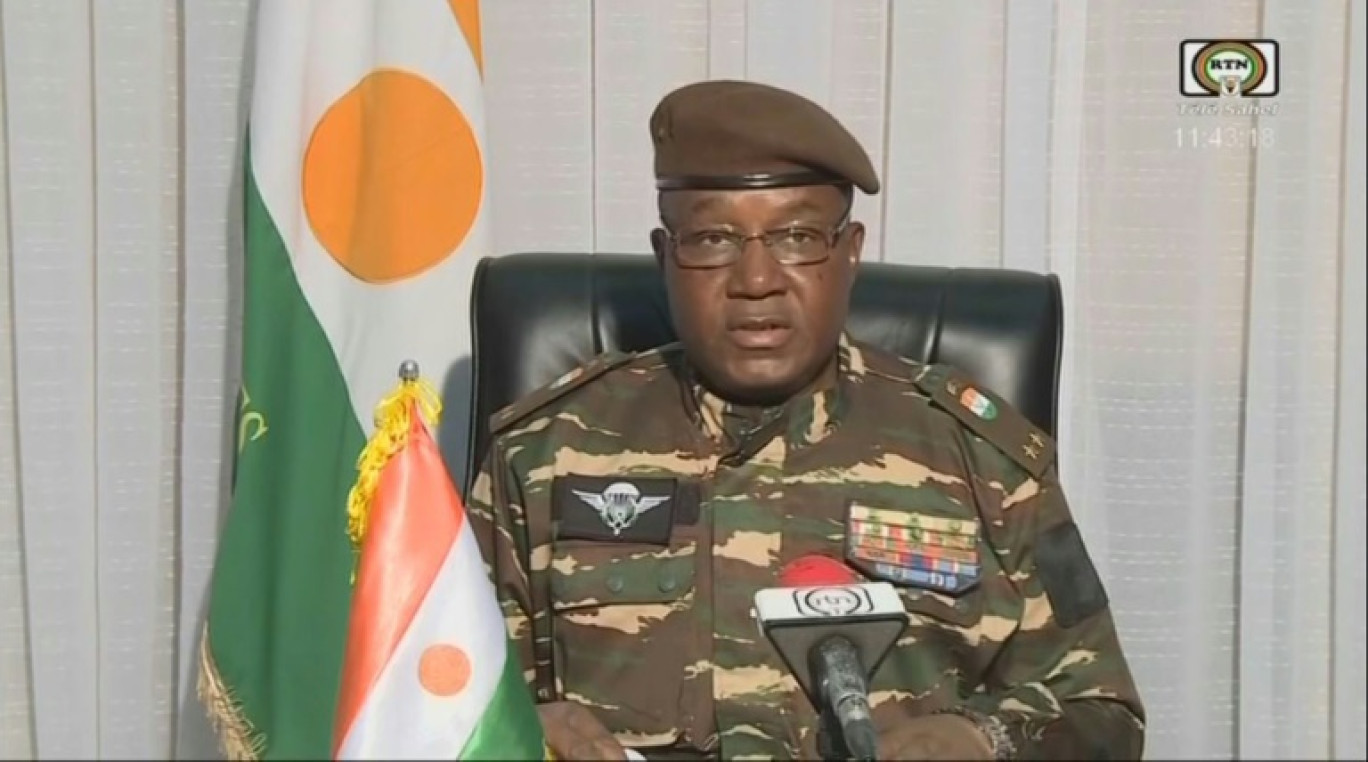 Image tirée d'une vidéo obtenue le 28 juillet 2023 auprès de Télé Sahel montrant le général Abdourahamane Tchiani, nouvel homme fort du Niger s'exprimant à la télévision nationale © -