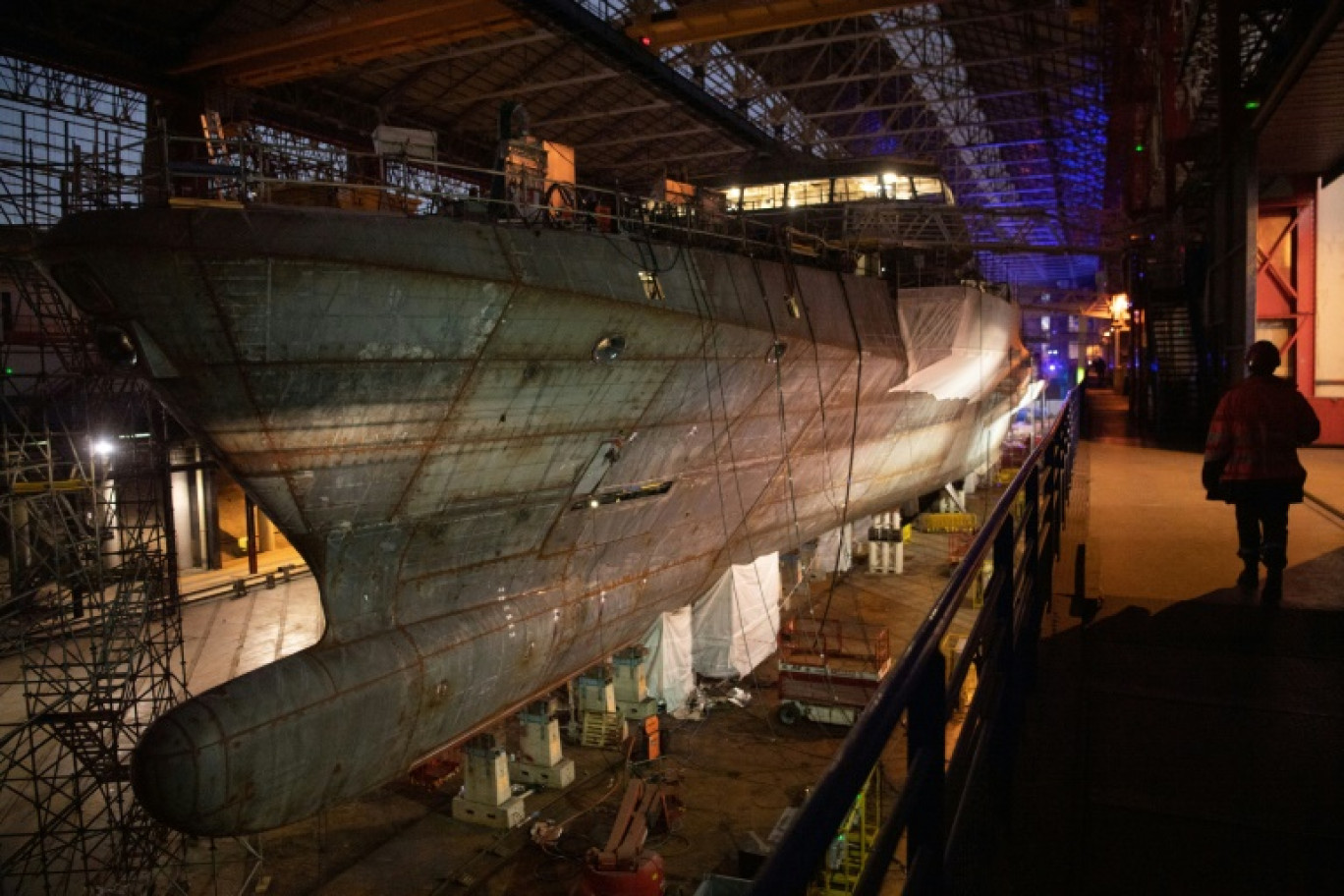 Une corvette Gowind en cours de construction à Lorient dans le Morbihan le 14 janvier 2022 © LOIC VENANCE