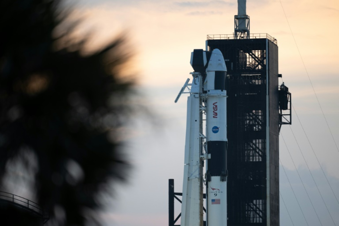 Une fusée Falcon 9 de SpaceX attend avant son décollage pour la mission Crew-7, au centre spatial Kennedy en Floride le 23 août 2023 © Joel KOWSKY