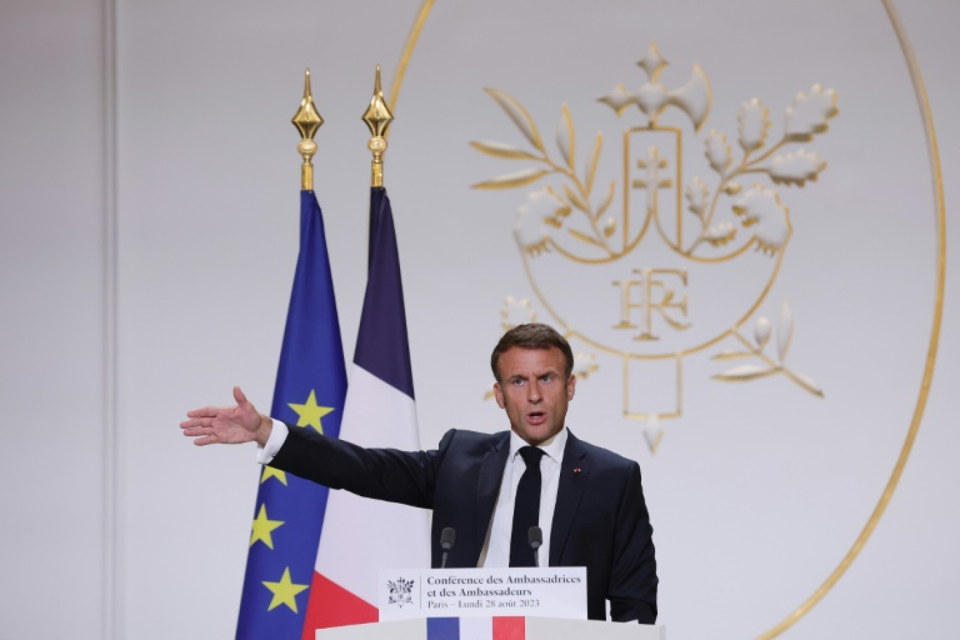 Le président français Emmanuel Macron à la conférence des ambassadeurs au palais de l'Elysée à Paris, le 28 août 2023 © Teresa SUAREZ