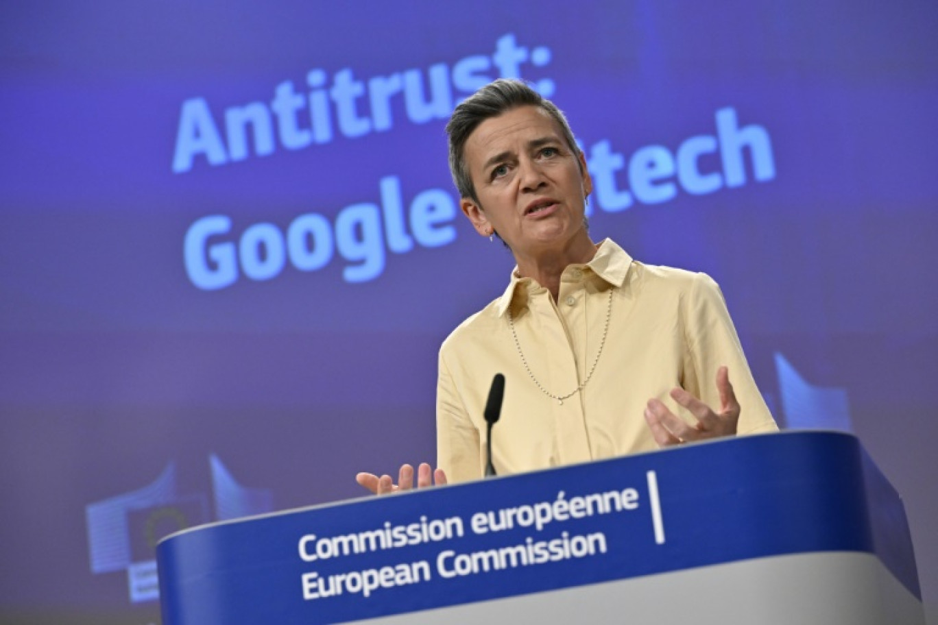 La commissaire europénne à la Concurrence, Margrethe Vestager, s'exprime lors d'une conférence de presse à Bruxelles le 14 juin 2023 © John THYS