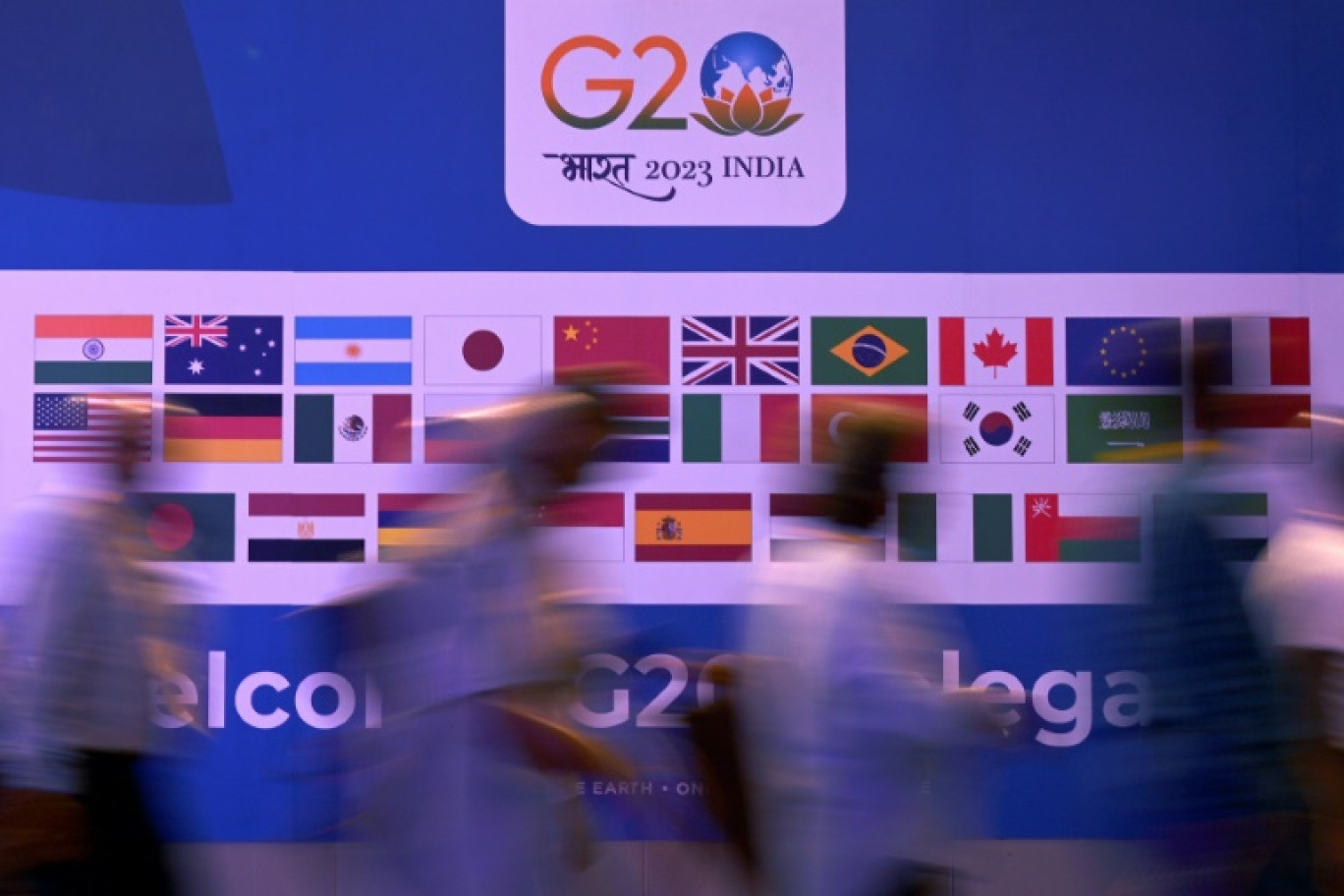 Le Premier ministre indien Narendra Modi (c) lors de l'ouverture de la deuxième session de travail des dirigeants du G20, le 9 septembre 2023 à New Delhi © Ludovic MARIN