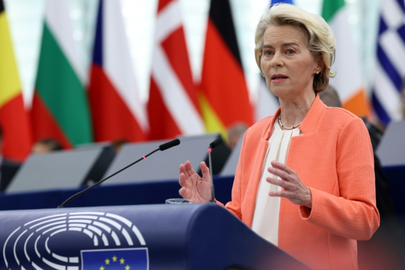 La présidente de la Commission européenne Ursula von der Leyen, lors de son discours sur l'état de l'Union devant les députés européens à Strasbourg, le 13 septembre 2023 © FREDERICK FLORIN