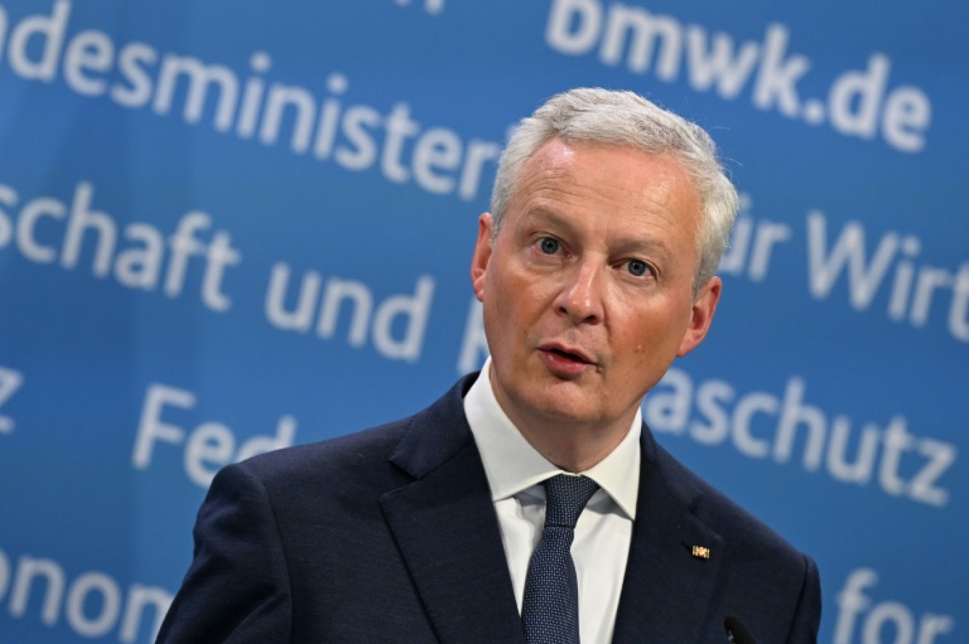 Le ministre de l'Économie Bruno Le Maire, lors d'une conférence de presse, le 13 septembre 2023 à Berlin © John MACDOUGALL