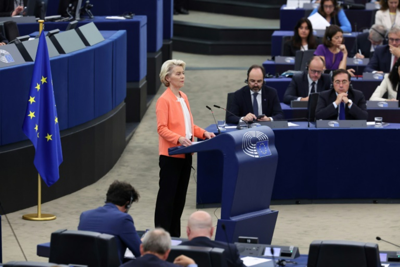 La présidente de la Commission européenne Ursula von der Leyen s'exprime devant le Parlement européen à Strasbourg le 13 septembre 2023 © FREDERICK FLORIN