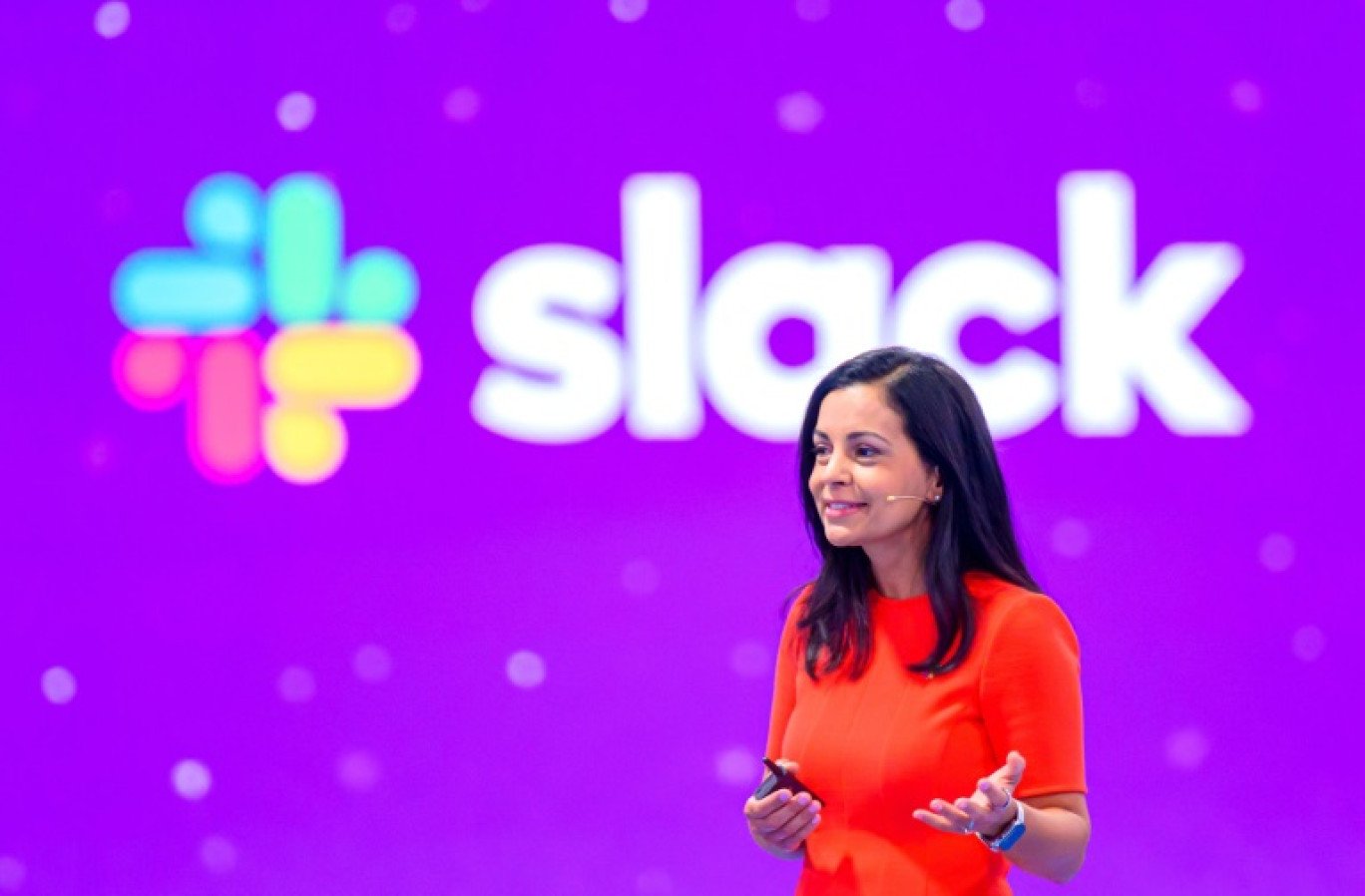 Lidiane Jones, directrice générale de Slack, lors d'une présentation pendant la conférence annuelle de Salesforce à San Francisco le 14 septembre 2023 © JOSH EDELSON