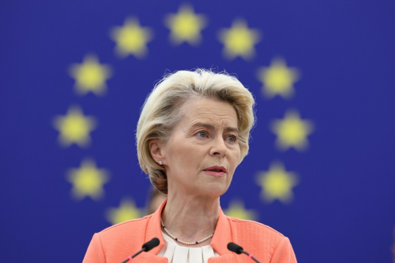 La présidente de la Commission européenne  Ursula von der Leyen prononce son discours sur l'état de l'Union devant le Parlement européen à Strasbourg le 13 septembre 2023 © FREDERICK FLORIN