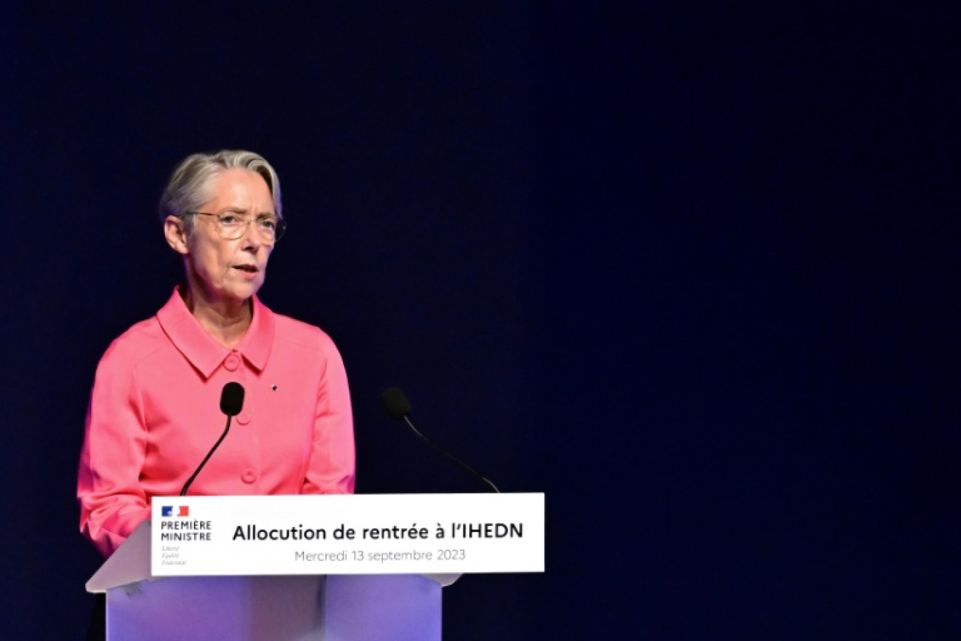 La Première ministre Elisabeth Borne  lors d'une intervention à l'Institut des hautes études de défense nationale (IHEDN), le 13 septembre 2023 à Paris © Miguel MEDINA