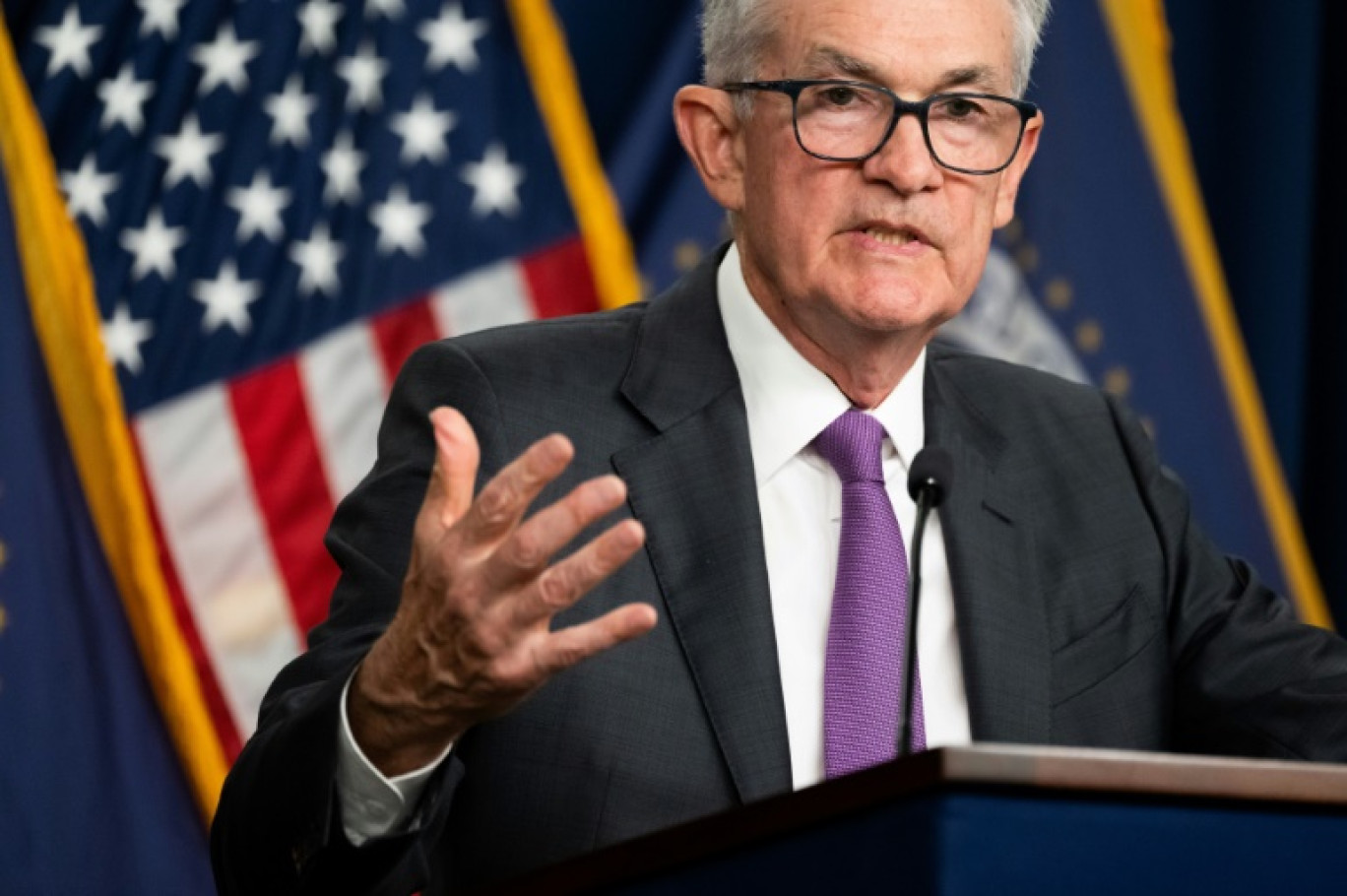 Le président de la Fed Jerome Powell lors d'une conférence de presse à washington le 26 juillet 2023 © SAUL LOEB