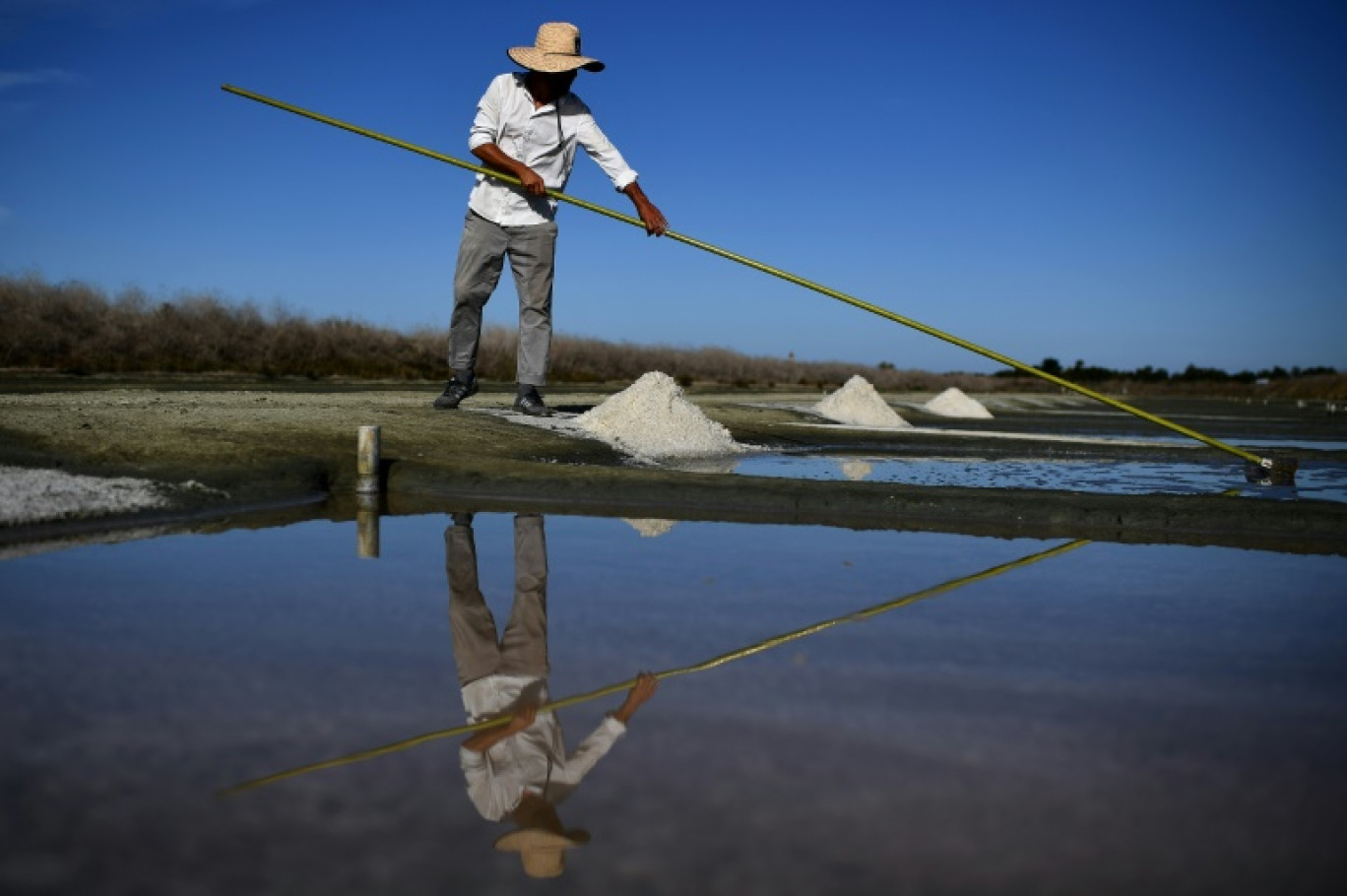 Un saunier récolte du sel dans un marais salant à Saint-Clément-des-Baleines, à la pointe ouest de l'Ile de Ré, dans l'ouest de la France, le 15 septembre 2023 © Christophe ARCHAMBAULT