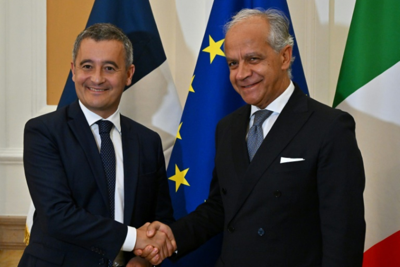 Le ministre de l'Intérieur Gérard Darmanin avec son homologue italien Matteo Piantedosi, le 18  septembre 2023 à Rome © Filippo MONTEFORTE