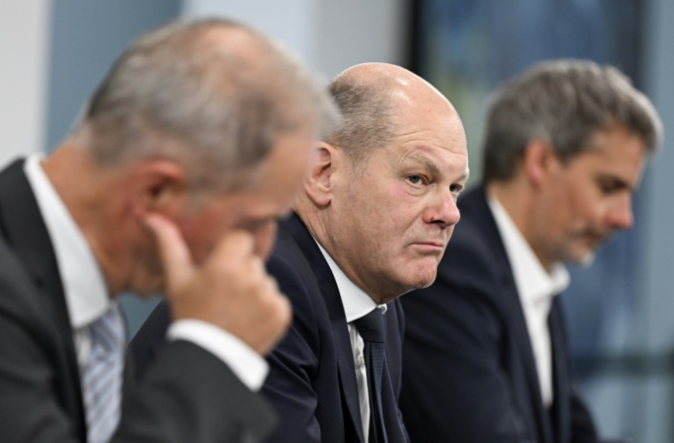 Le chancelier allemand Olaf Scholz lors d'une conférence de presse à Berlin, le 12 septembre 2023 © John MACDOUGALL