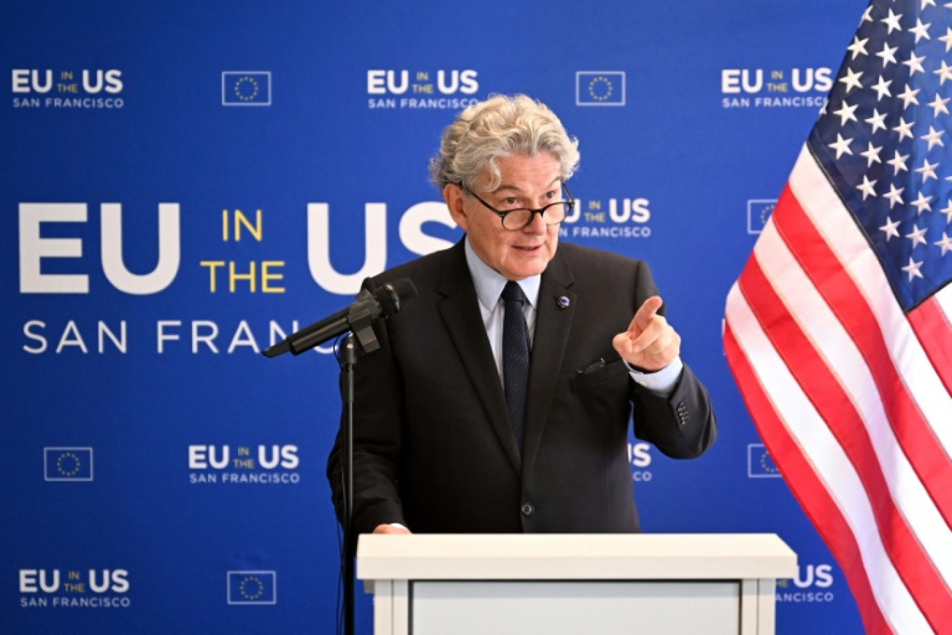 Le commissaire européen chargé du marché intérieur, Thierry Breton, lors d'une conférence de presse à San Francisco, le 22 juin 2023 © Josh Edelson