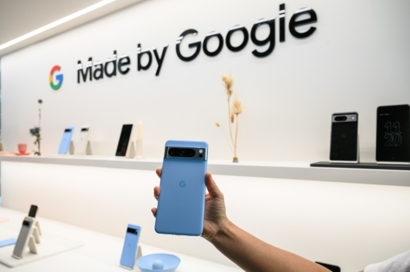 A Google Pixel 8 pro phone is displayed during a product launch event  in New York © Ed JONES