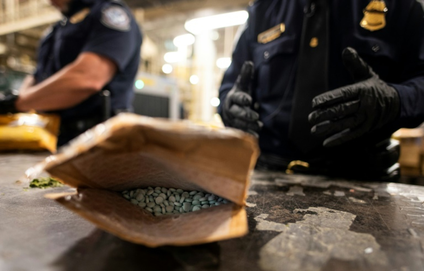 Des pilules d'oxycodone, un opiacé, détectées par un agent des douanes américaines à l'aéroport JFK de New York, le 24 juin 2019 © Johannes EISELE