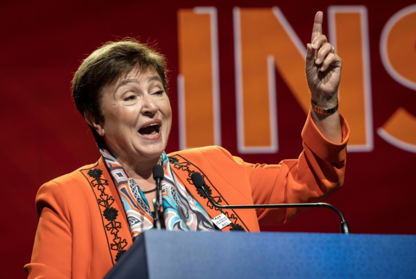 La directrice générale du FMI, Kristalina Georgieva, lors de la réunion annuelle FMI et Banque Mondiale, le 9 octobre 2023 à Marrakech, au Maroc © FADEL SENNA