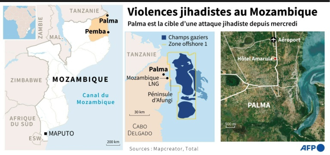 Cartes situant la ville de Palma, dans le nord du Mozambique, en proie à une attaque jihadiste, et le site gazier Mozambique LNG, propriété de Total, situé à une dizaine de kilomètres © Kenan AUGEARD