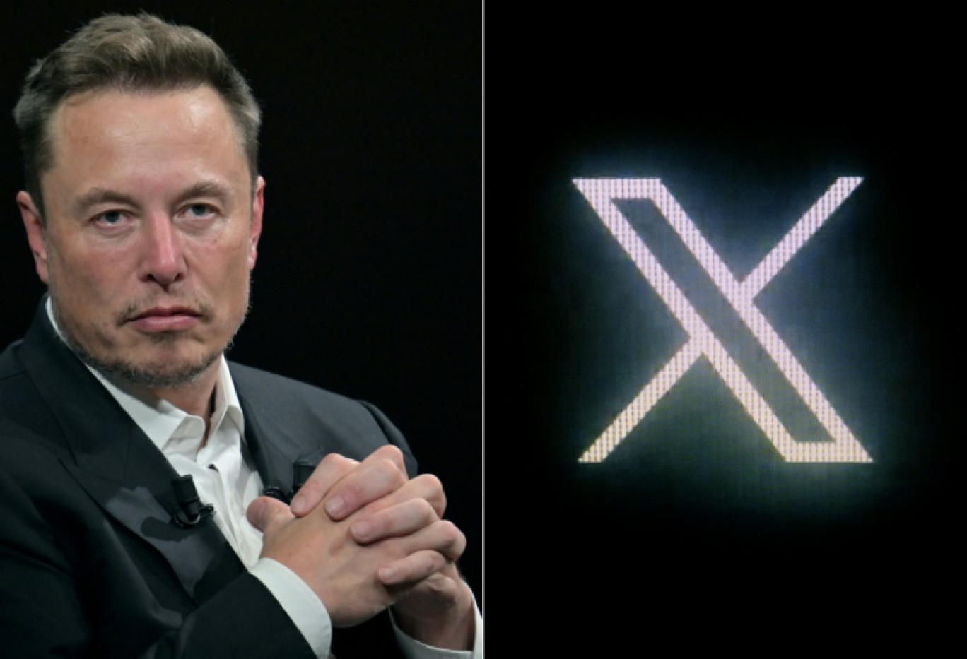 Combinaison d'images créée le 10 octobre 2023 d'Elon Musk, à gauche, à Paris en juin 2023, et du logo de X (ex-Twitter) sur un écran, le 24 juillet 2023 © Alain JOCARD