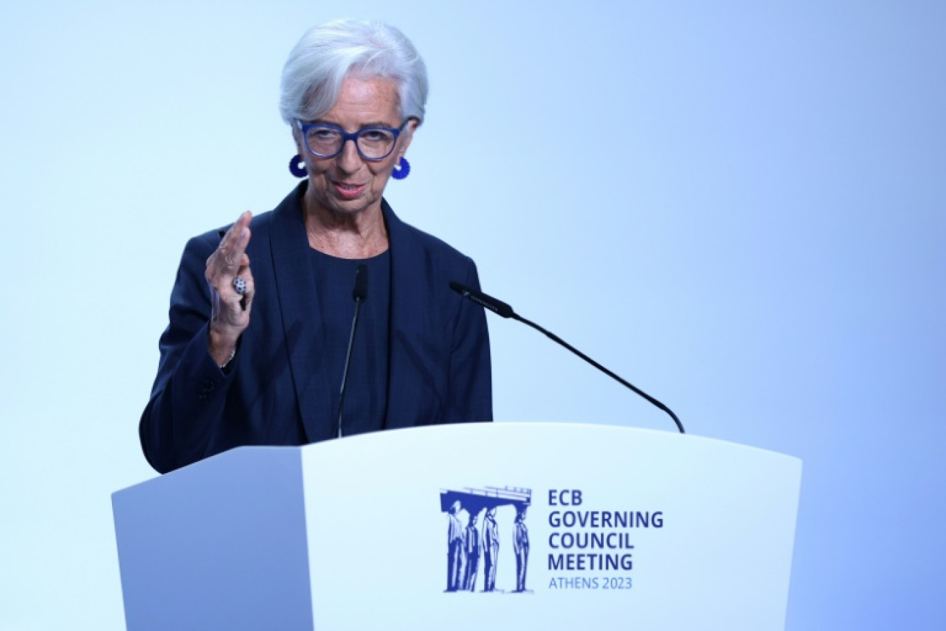 la présidente de la BCE, Christine Lagarde lors d'une conférence de presse, le 26 octobre 2023 à Athènes © Aris Oikonomou