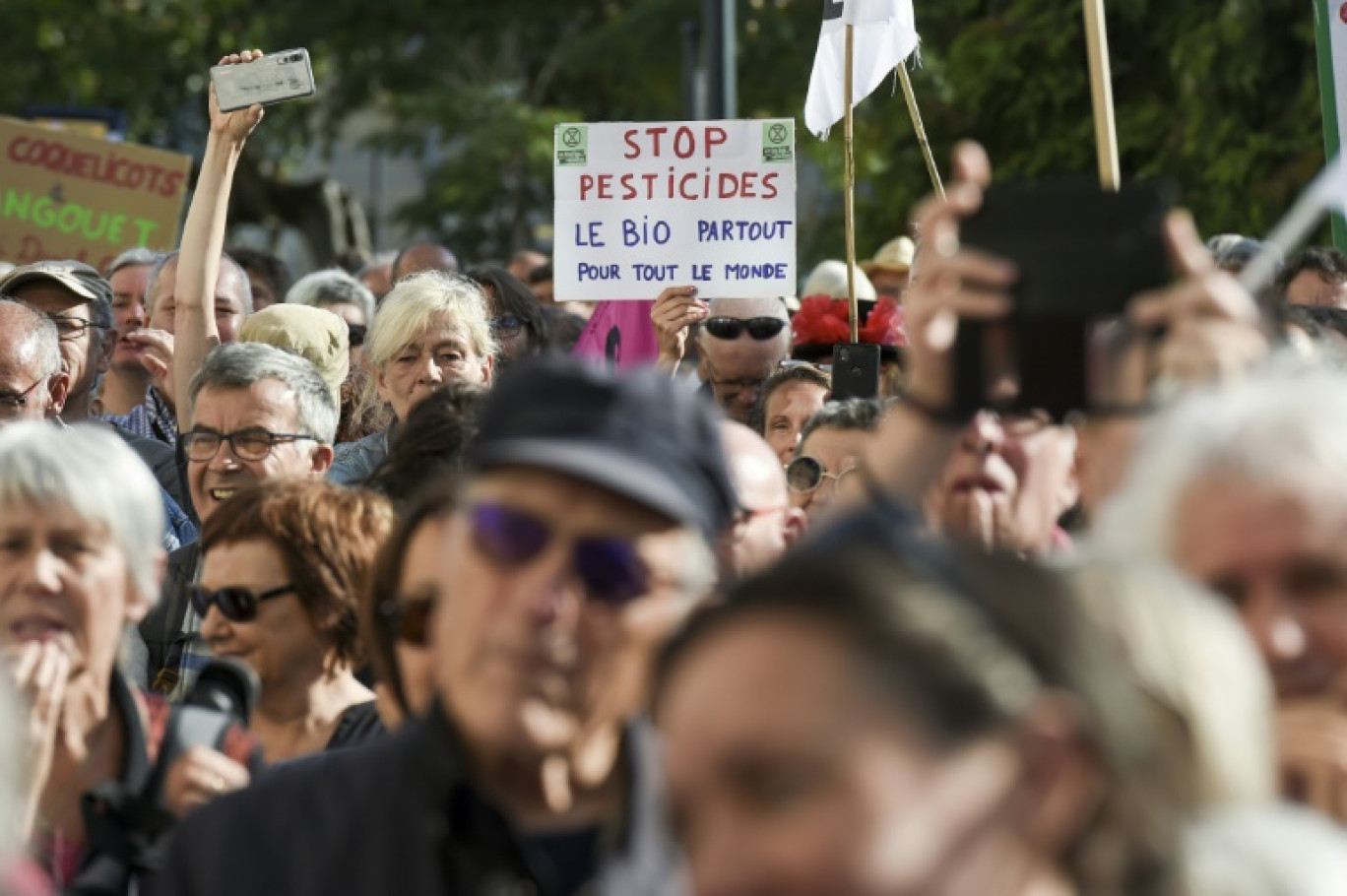 Manifestation de soutien à un maire breton ayant pris un arrêté d'interdiction d'épandage de pesticides près des habitations, à Langouet (Ille-et-Vilaine), le 22 août 2019 © Sebastien SALOM-GOMIS