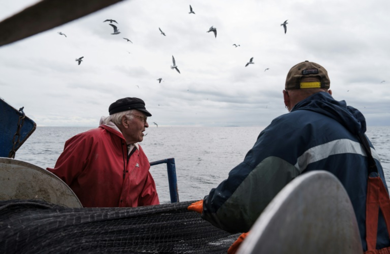 Le pêcheur Holger Sjögren (g) remonte un filet de pêche à bord de son bateau, au large de Kotka, dans le sud de la Finlande, le 10 octobre 2023 © Alessandro RAMPAZZO