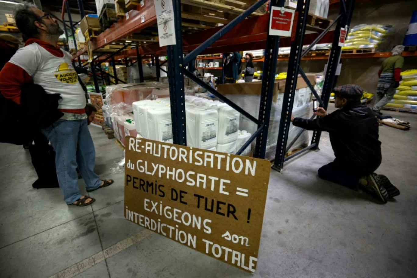 Des militants du collectif anti-OGM Faucheurs volontaires cherchent des produits contenant du glyphosate dans un magasin du groupe agricole Arterris, le 9 novembre 2023 à Carcassonne, dans l'Aude © Lionel BONAVENTURE