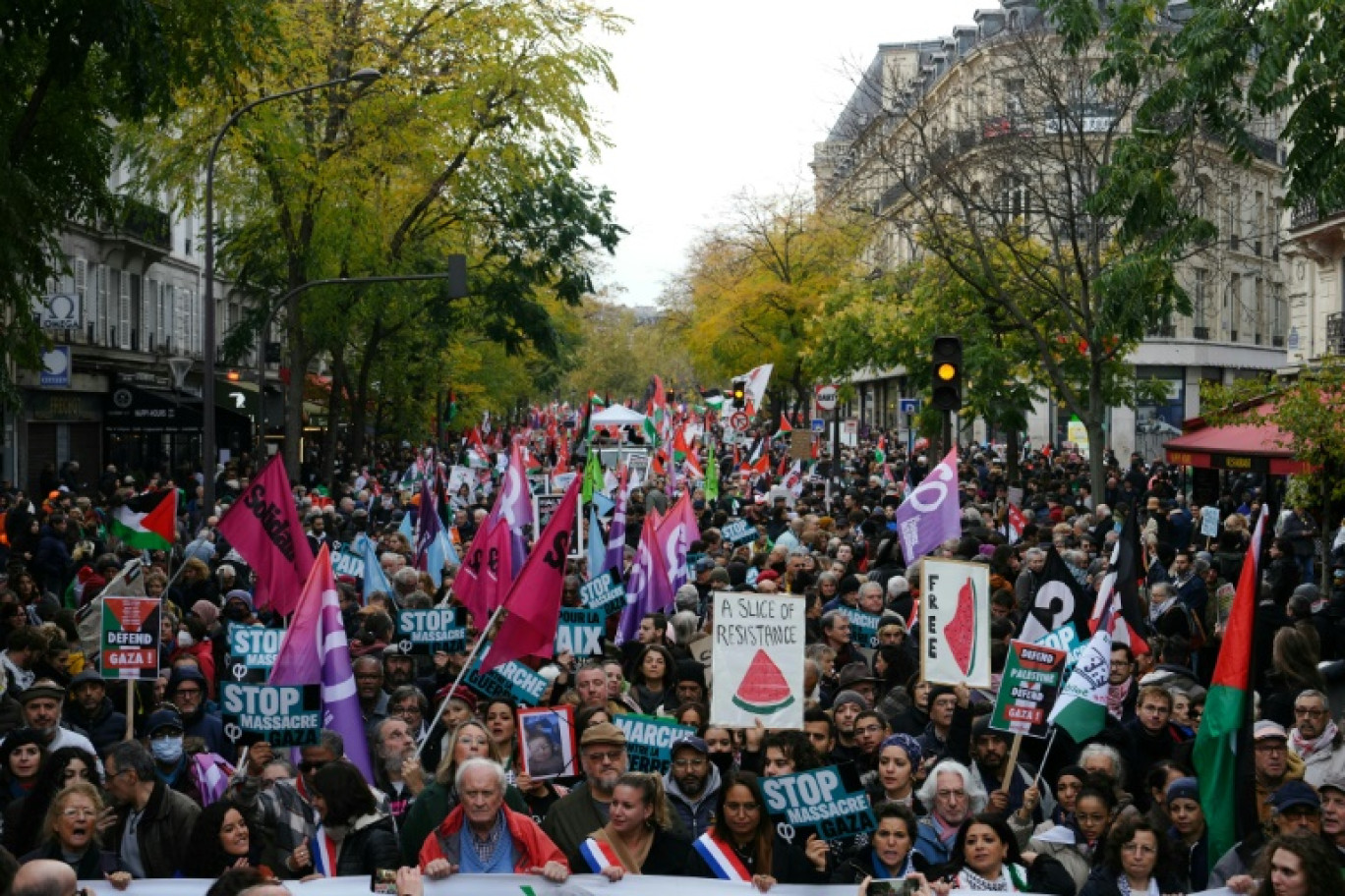 Les manifestants, y compris la coalition de gauche Nupes - Mathilde Panot (C), députée LFI, participent à une manifestation pour exiger un cessez-le-feu immédiat à Gaza sur la Place de la République à Paris, le 11 novembre 2023 © Dimitar DILKOFF