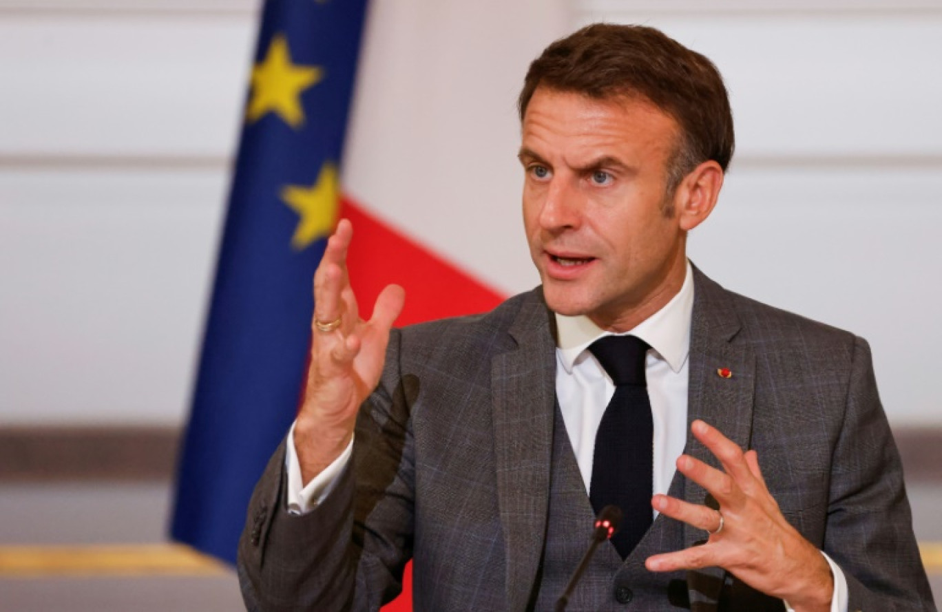 Le président Emmanuel Macron lors de la "conférence humanitaire" sur Gaza, le 9 novembre 2023 à l'Elysée, à Paris © Ludovic MARIN