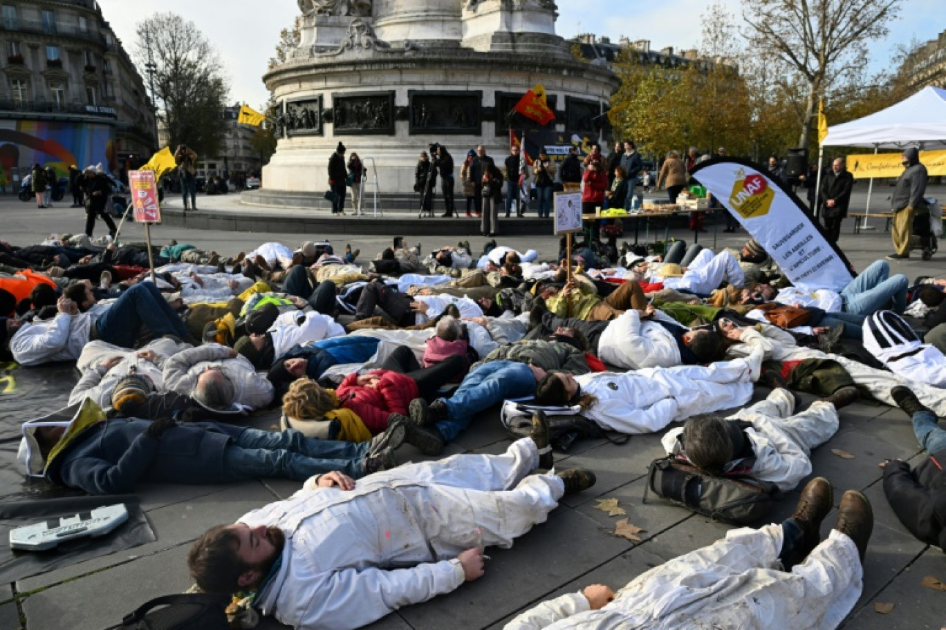 Des apiculteurs se sont allongés sur le sol quelques minutes, certains scandant "sop aux imports de miel à bas prix" © MIGUEL MEDINA