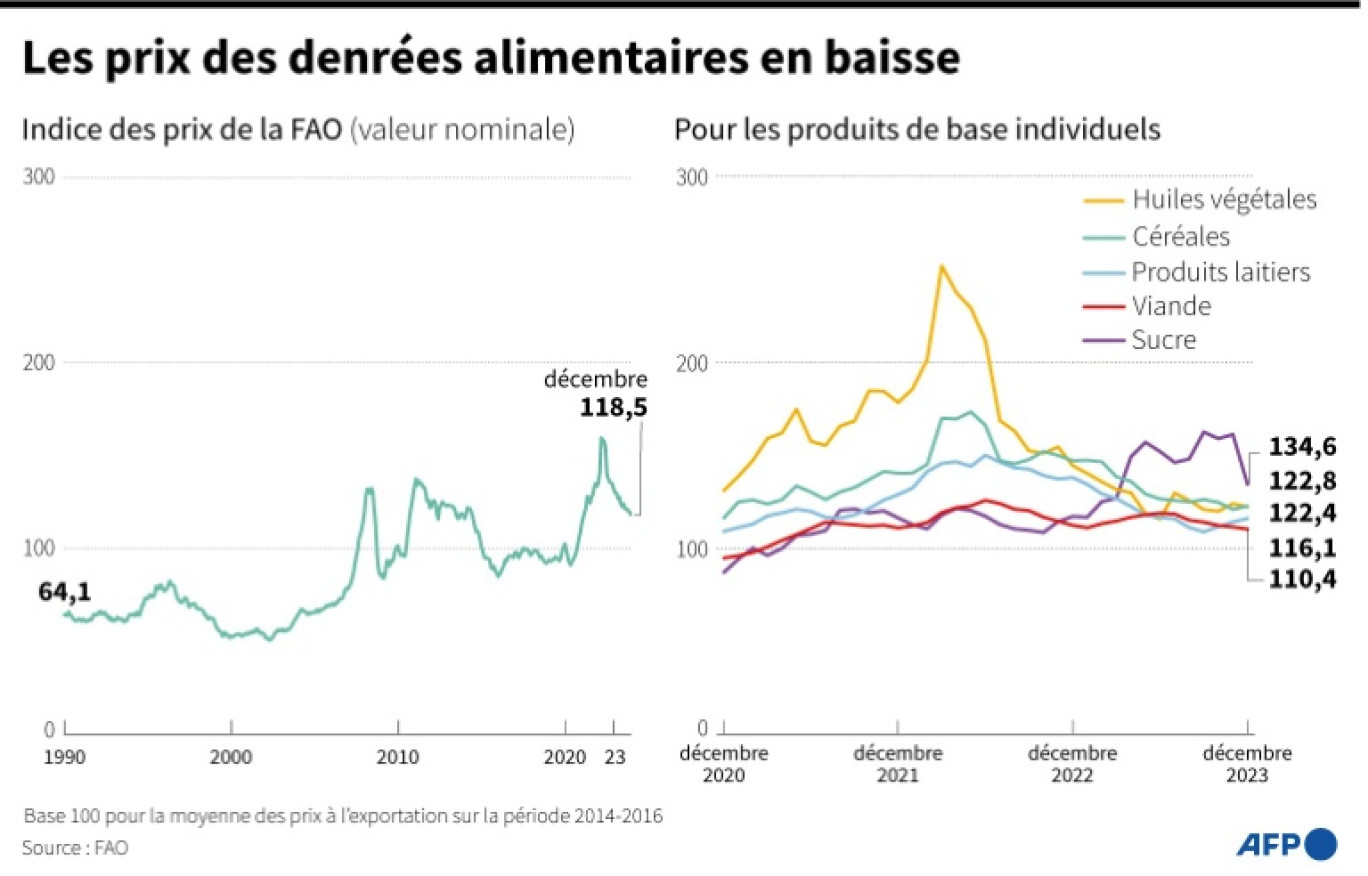 Indice des prix de la FAO et indice des prix des produits alimentaires de base, sur les trois dernières années © Erin CONROY