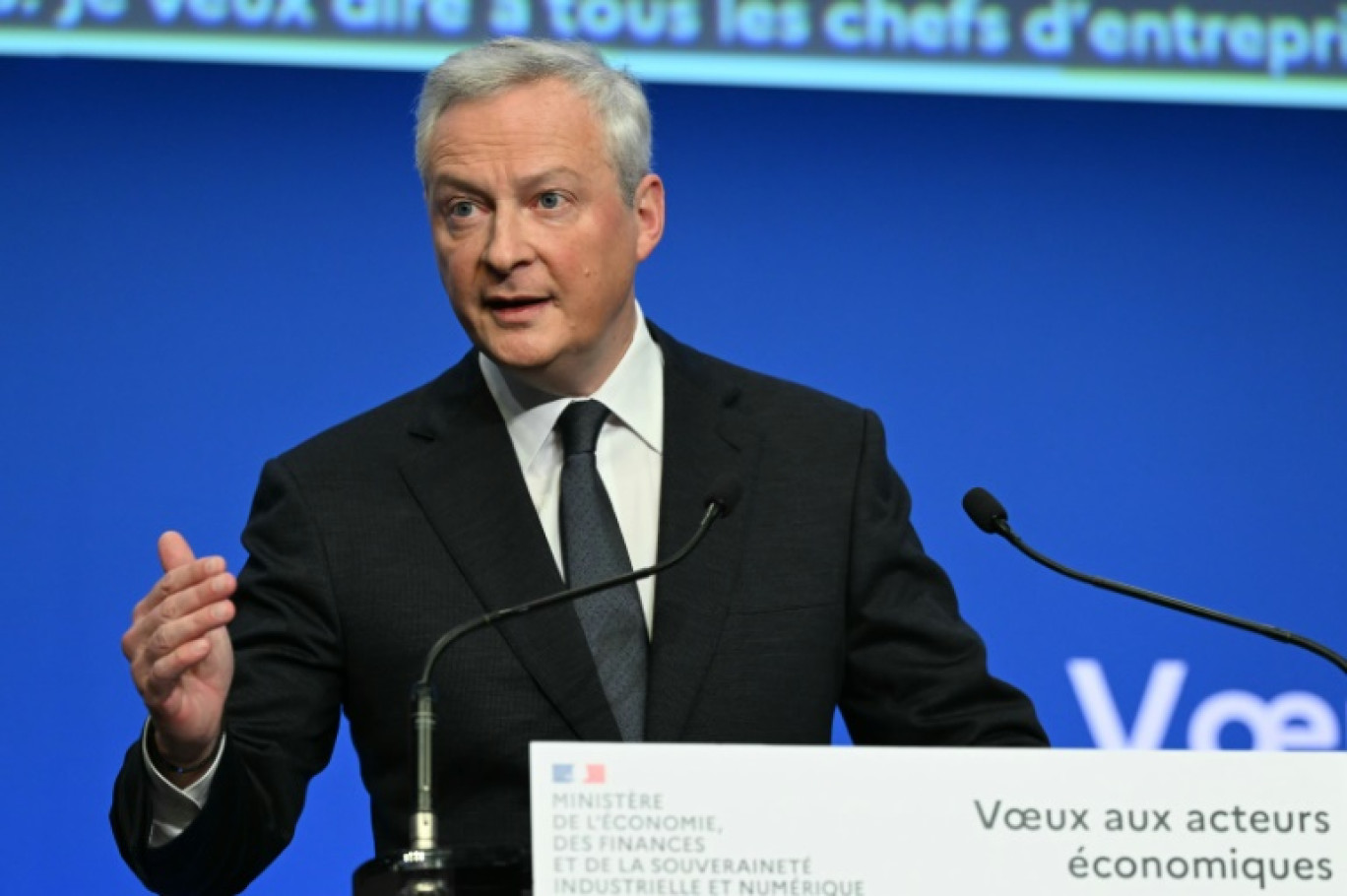 Le ministre de l'Economie et des Finances, Bruno Le Maire, lors de la présentation de ses voeux aux acteurs économiques à Bercy, le 8 janvier 2024 © Bertrand GUAY