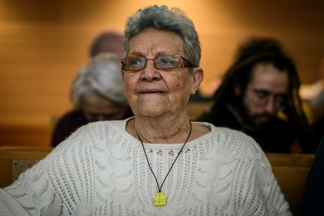 La militante d'Attac Geneviève Legay, grièvement blessée lors d'une manifestation des "gilets jaunes", avant le début du procès du policier Rabah Souchi, au tribunal de Lyon, le 11 janvier 2024 © JEFF PACHOUD