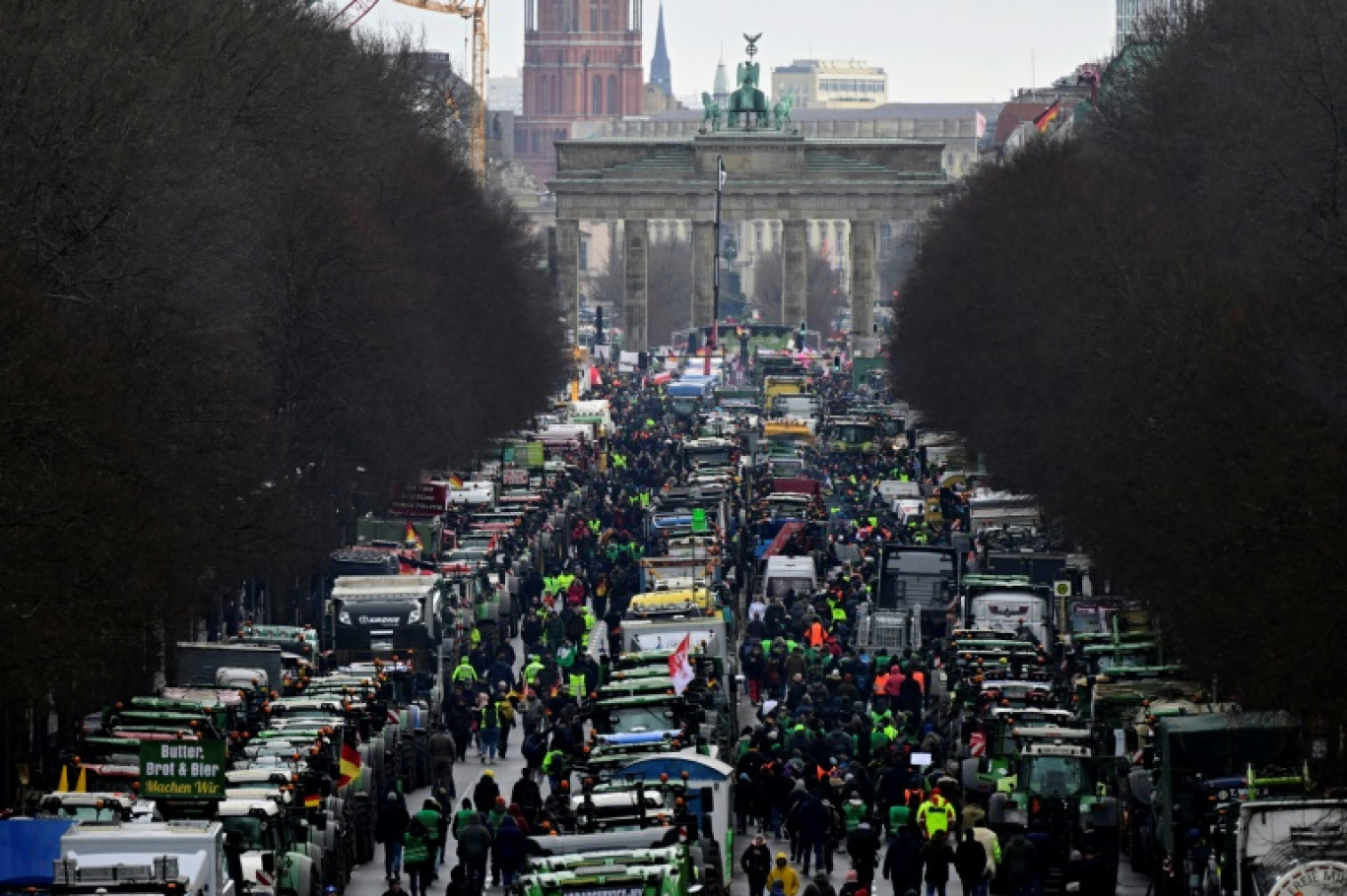 Des agriculteurs allemands manifestent devant la Porte de Brandenbourg à Berlin le 15 janvier 2024 pour clôturer une semaine de mobilisation massive contre les projets de suppressions d'avantages fiscaux pour leur profession © JOHN MACDOUGALL