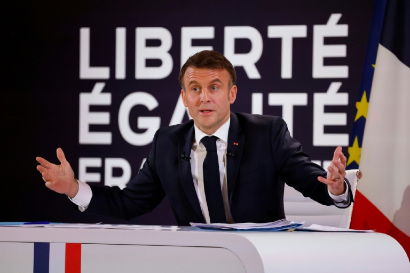 Le président Emmanuel Macron lors d'une conférence de presse, le 16 janvier 2024 à l'Elysée, à Paris. © Ludovic MARIN