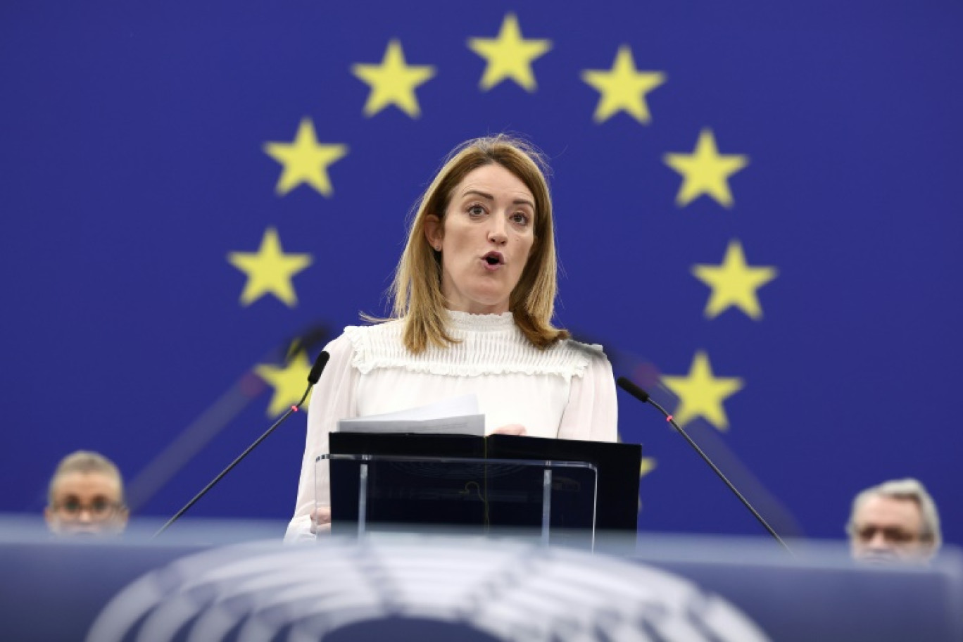 La présidente du Parlement européen Roberta Metsola s'exprime lors d'une plénière à Strasbourg le 16 janvier 2024 © FREDERICK FLORIN