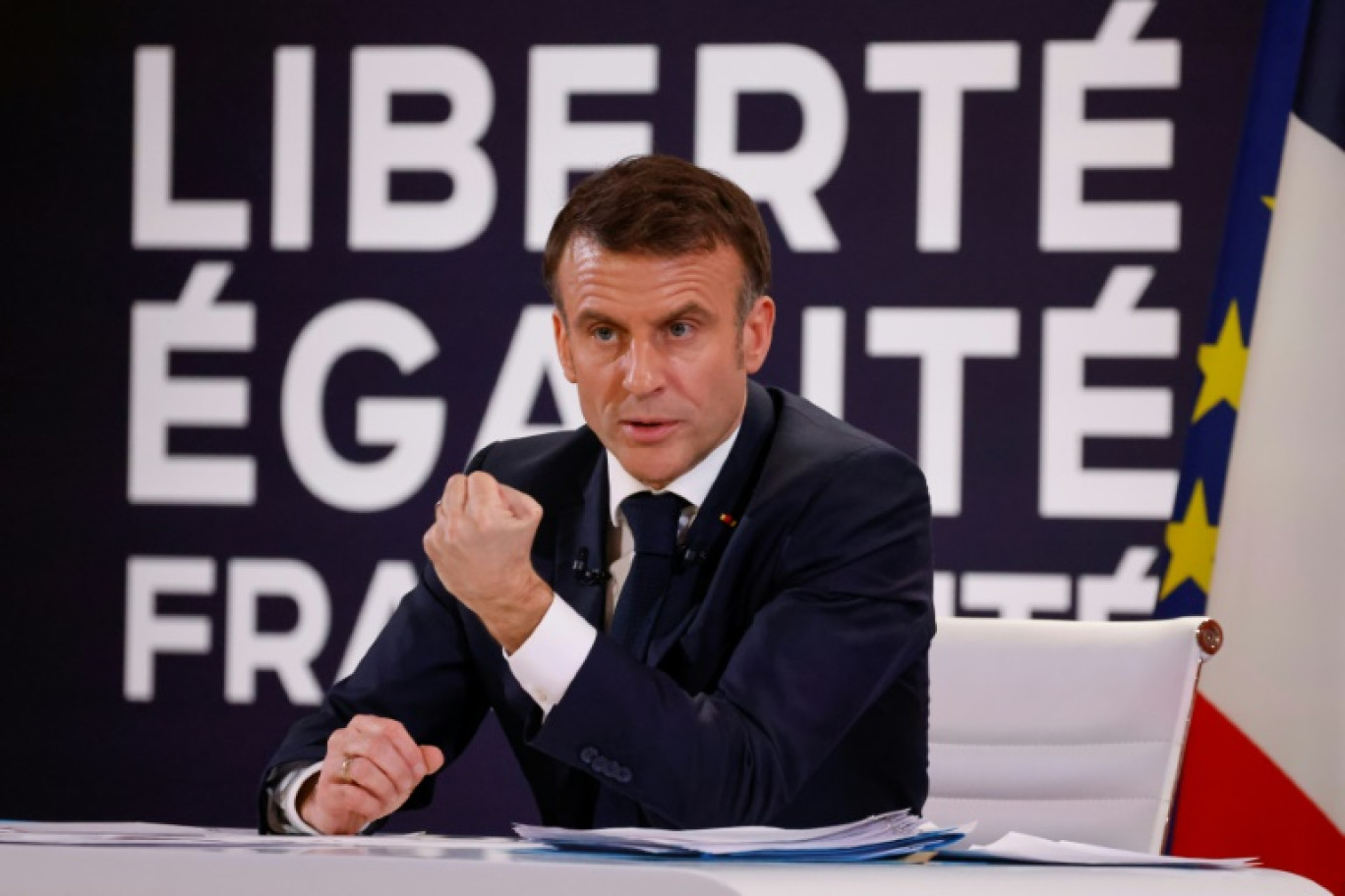 Le président Emmanuel Macron lors d'une conférence de presse pour présenter le cap du nouveau gouvernement, le 16 janvier 2024 à l'Elysée, à Paris © Ludovic MARIN