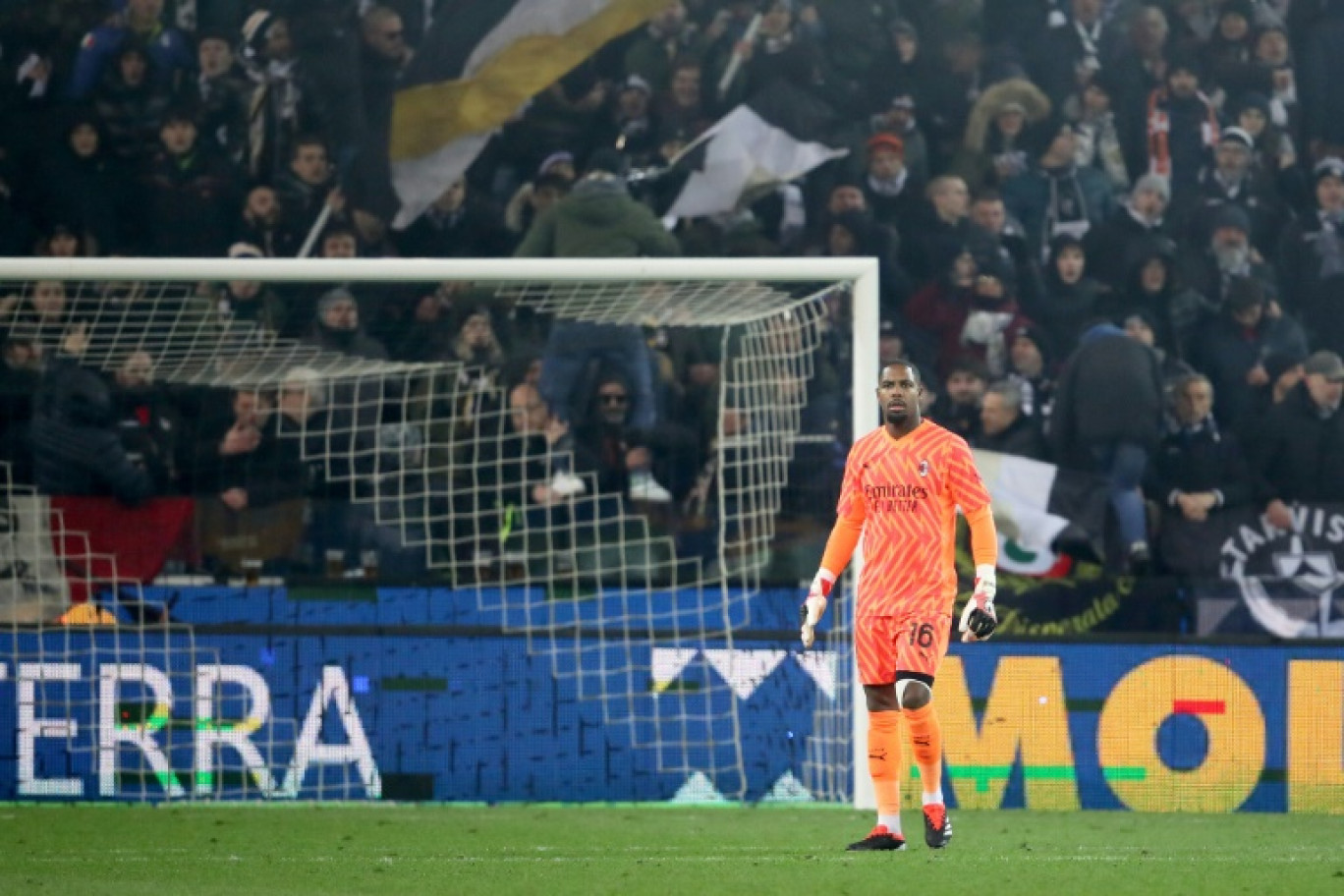 Le gardien français de l'AC Milan Mike Maignan lors du match entre l'Udinese et son équipe, comptant pour la 21e journée du Championnat d'Italie le 20 janvier 2024 à Udine © Gabriele MENIS