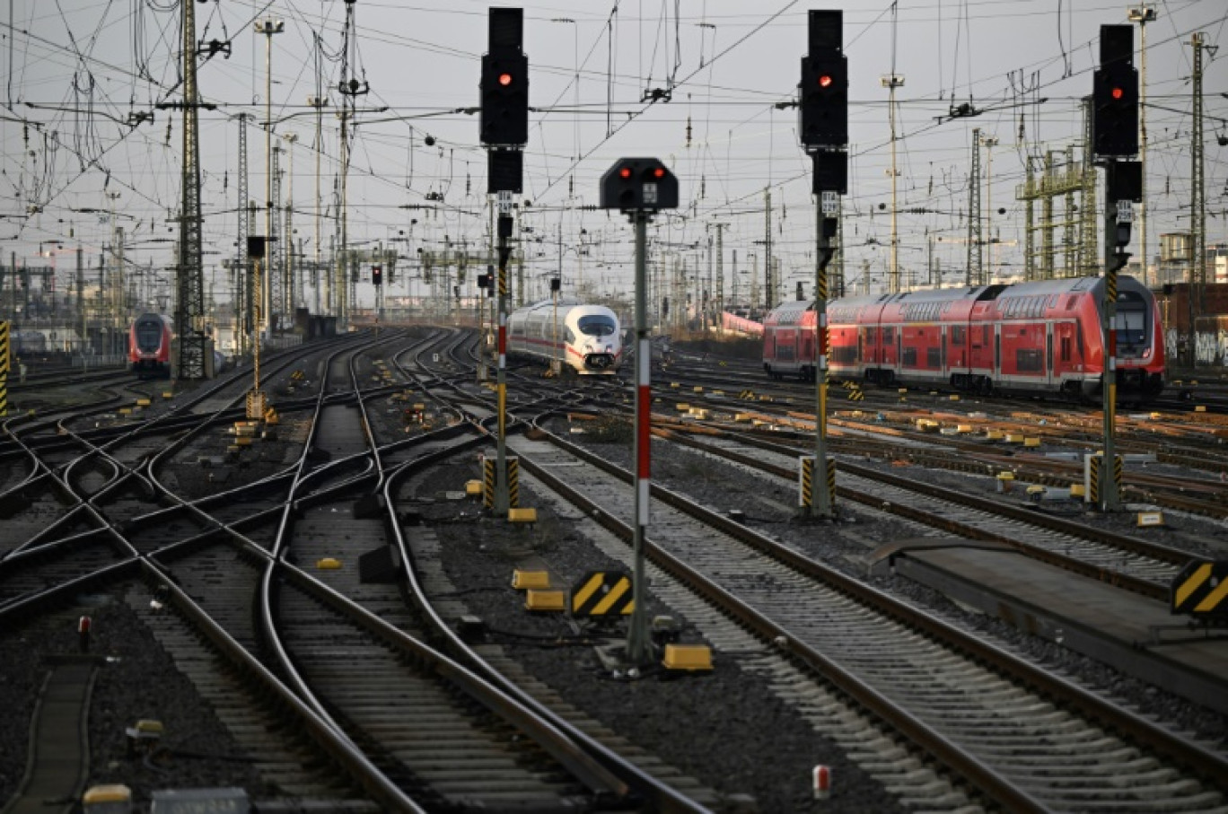 Un train à grande vitesse et des trains régionaux à l'arrêt sur les rails de la gare de Francfort, le 10 janvier 2024 en Allemagne © Kirill KUDRYAVTSEV