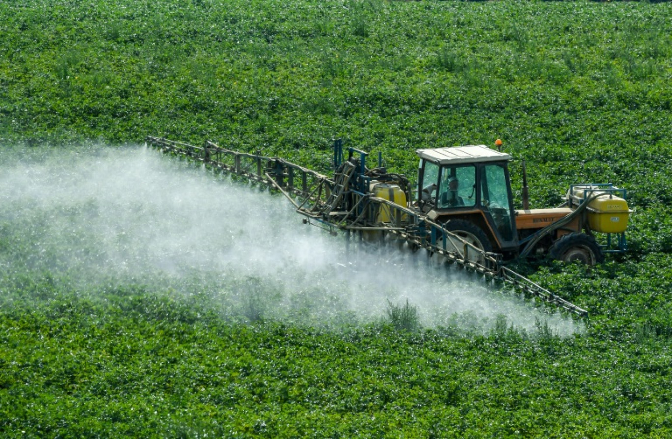 Un agriculteur répand des produits phytosanitaires sur sa parcelle à Méteren, dans le Nord, le 7 août 2017 © Philippe HUGUEN