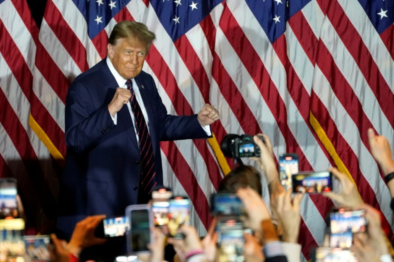 Donald Trump à Nashua (New Hampshire), après sa victoire au vote pour l'investiture républicaine dans cet Etat, le 23 janvier 2024 © TIMOTHY A. CLARY